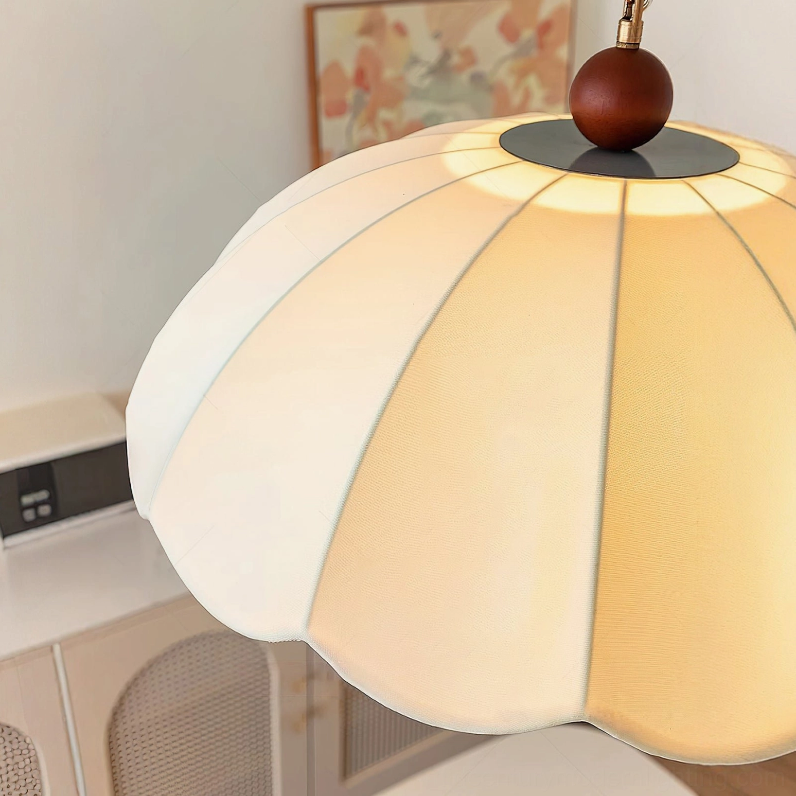 Oriente mid-century modern pendant light with scalloped fabric shade and walnut wood finish
