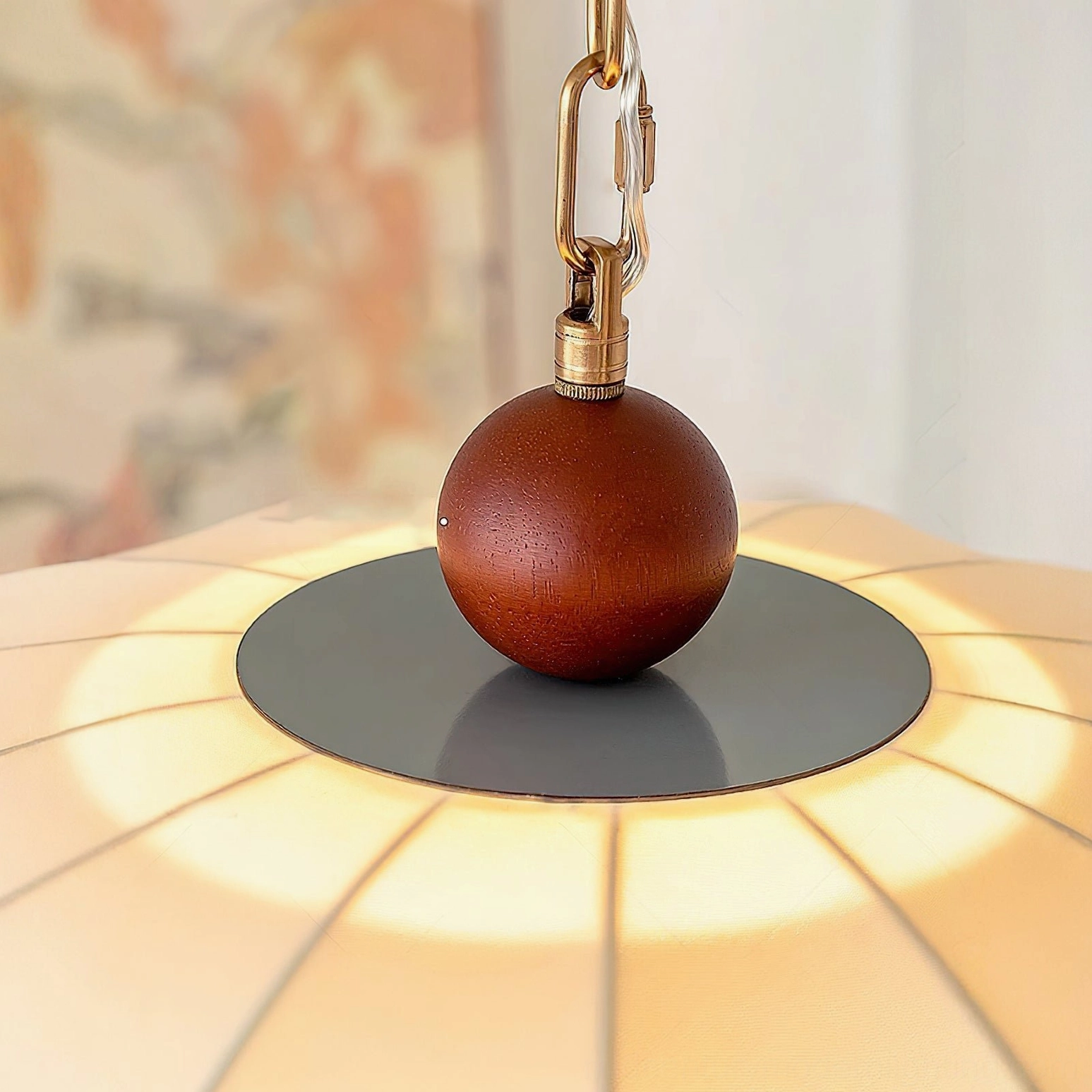 Oriente scalloped pendant light with cream fabric shade and spherical control element
