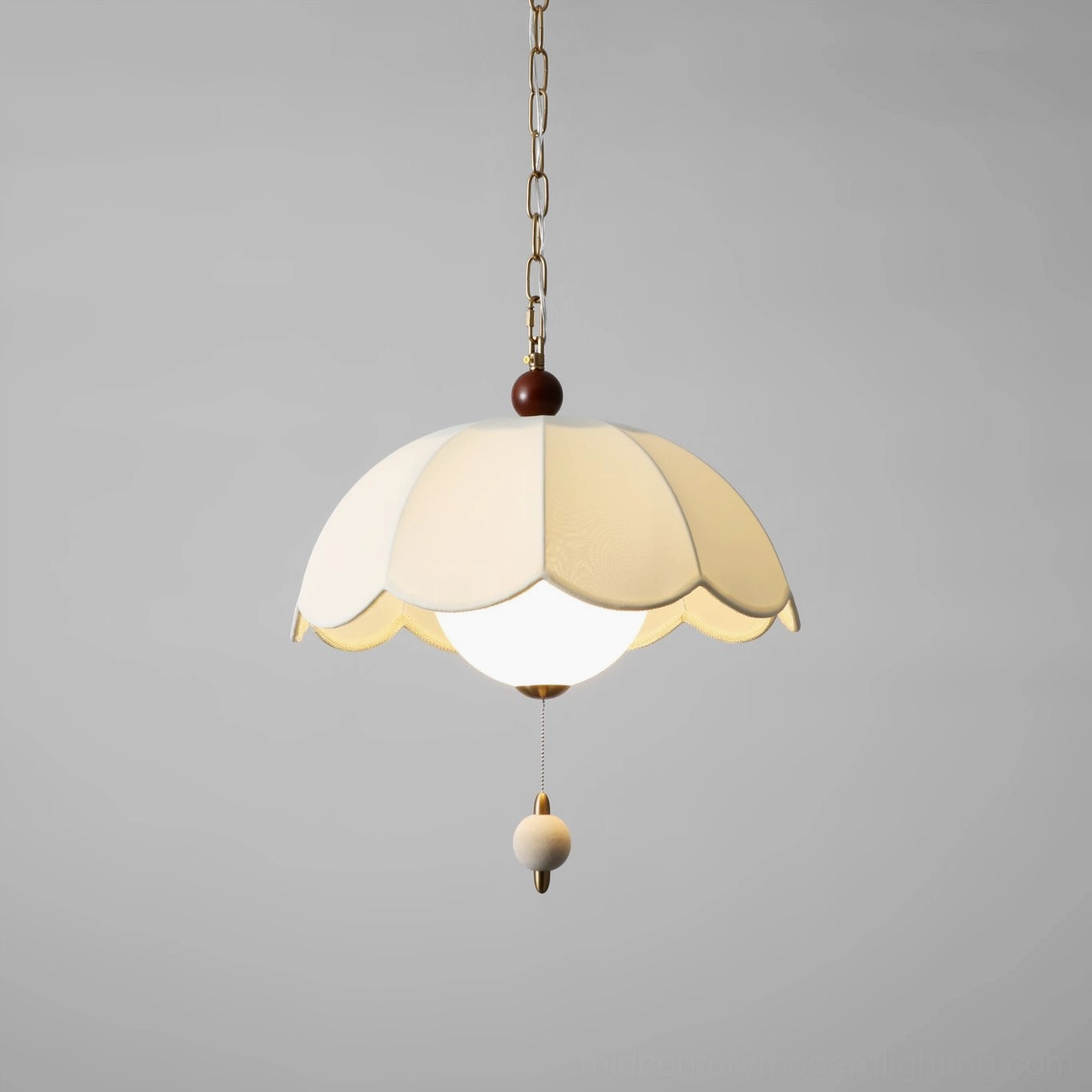 Oriente mid-century modern pendant light with walnut wood accents and layered scalloped shade