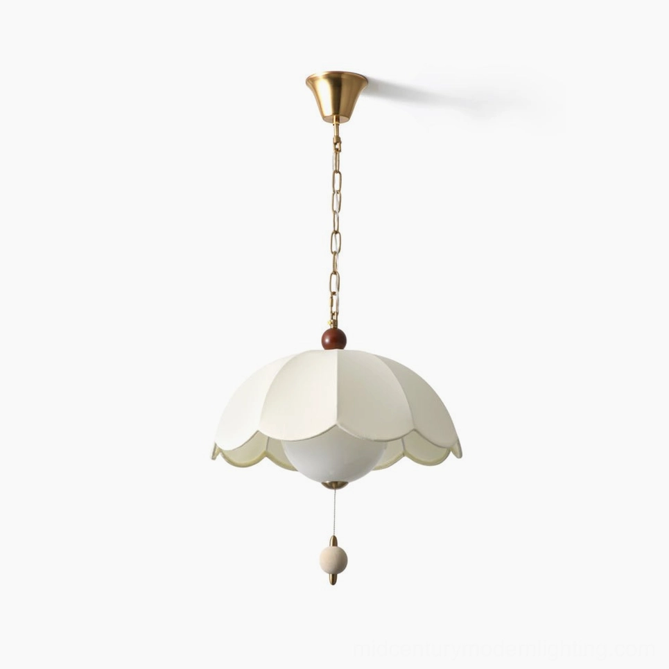 Oriente scalloped fabric pendant light with walnut wood and gold brass hardware, direct frontal view on white background