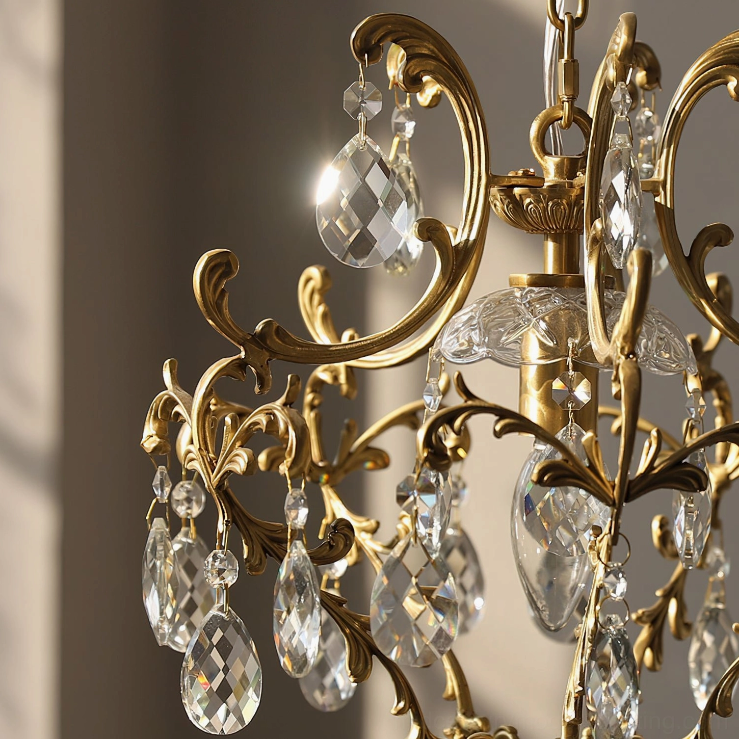 Ornate birdcage crystal pendant light fixture with brass frame and elegant scrollwork detail photography
