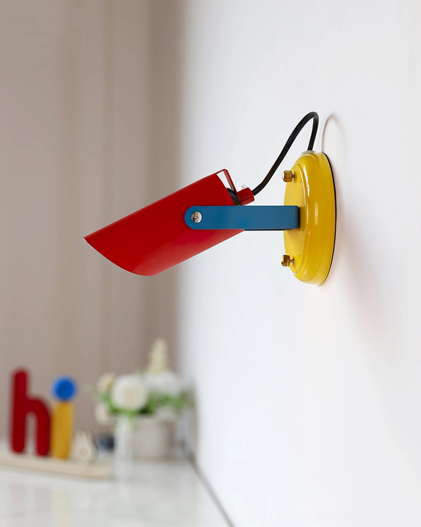 Orno adjustable wall lamp primary colors design showcase yellow red and blue mid-century modern geometric fixture