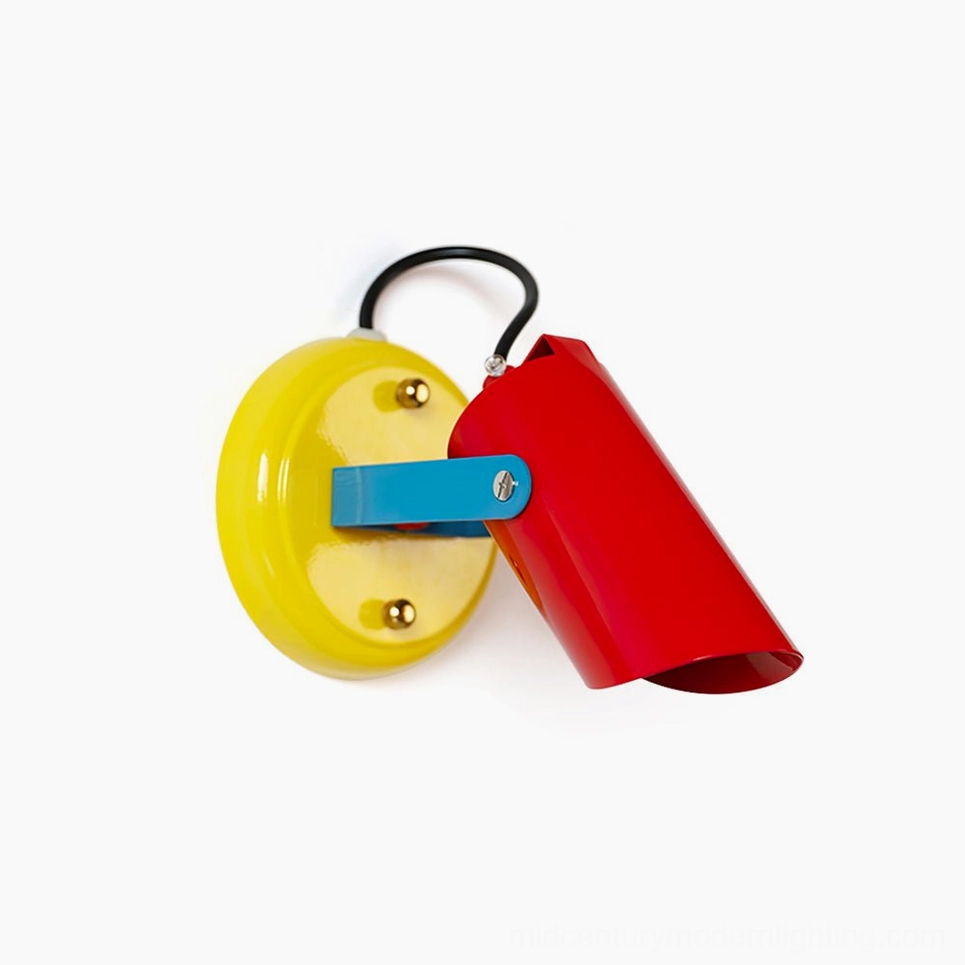 Orno wall lamp yellow and red colorway detail showing geometric color blocking and mid-century modern aesthetic