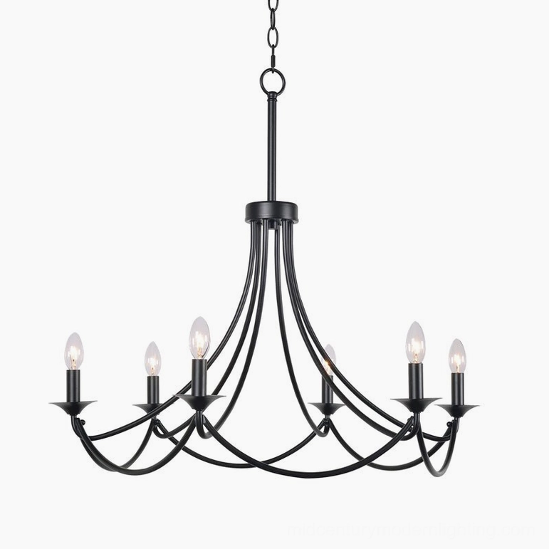 Ottuso eight-light black candle chandelier with curved iron arms and matte black finish, direct front view