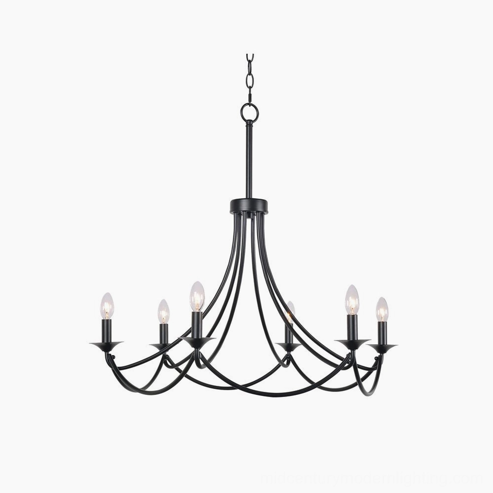 Ottuso black chandelier with six candle-style lights and curved brass arms, front view on white background