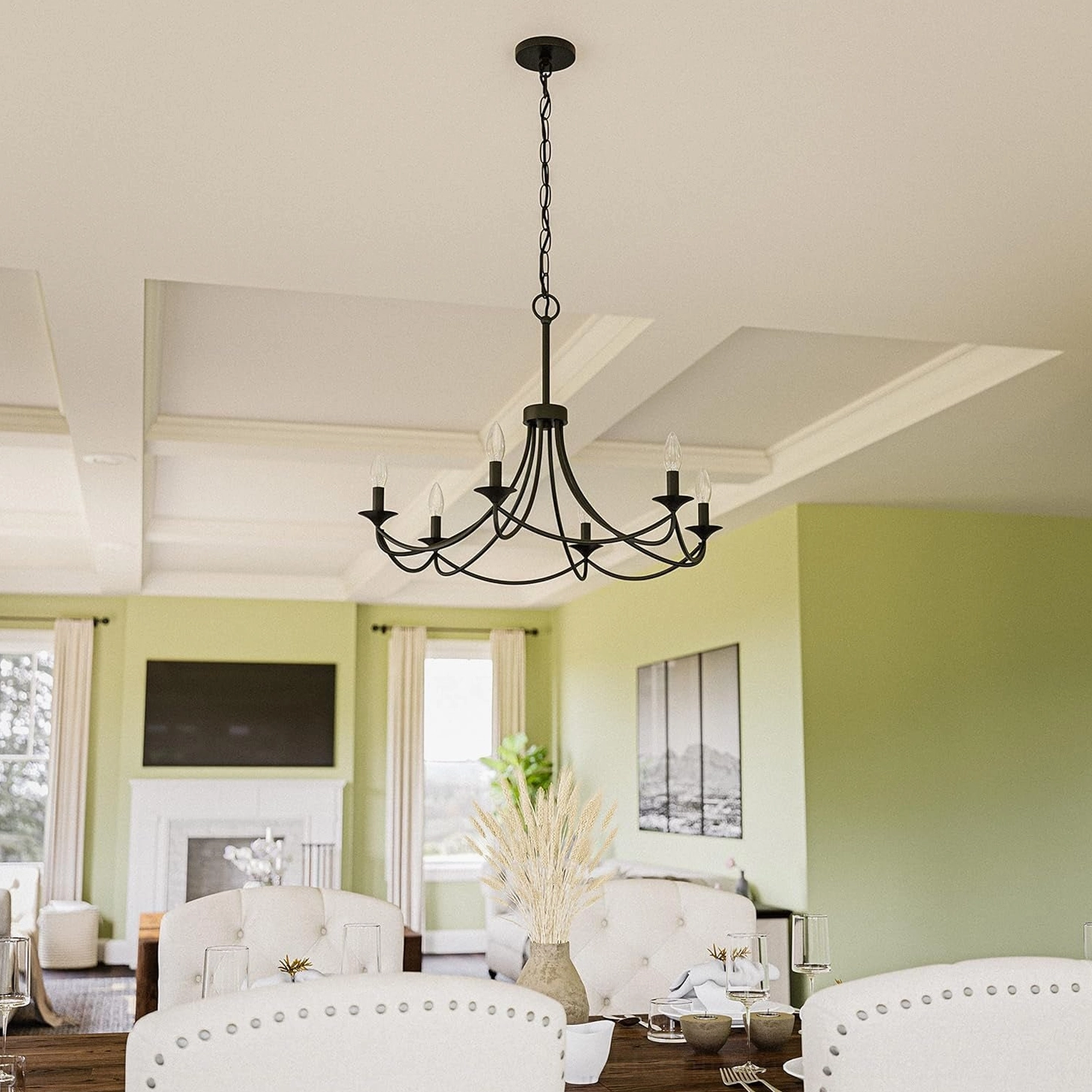Ottuso chandelier hanging from coffered ceiling in spacious traditional living room with understated elegance