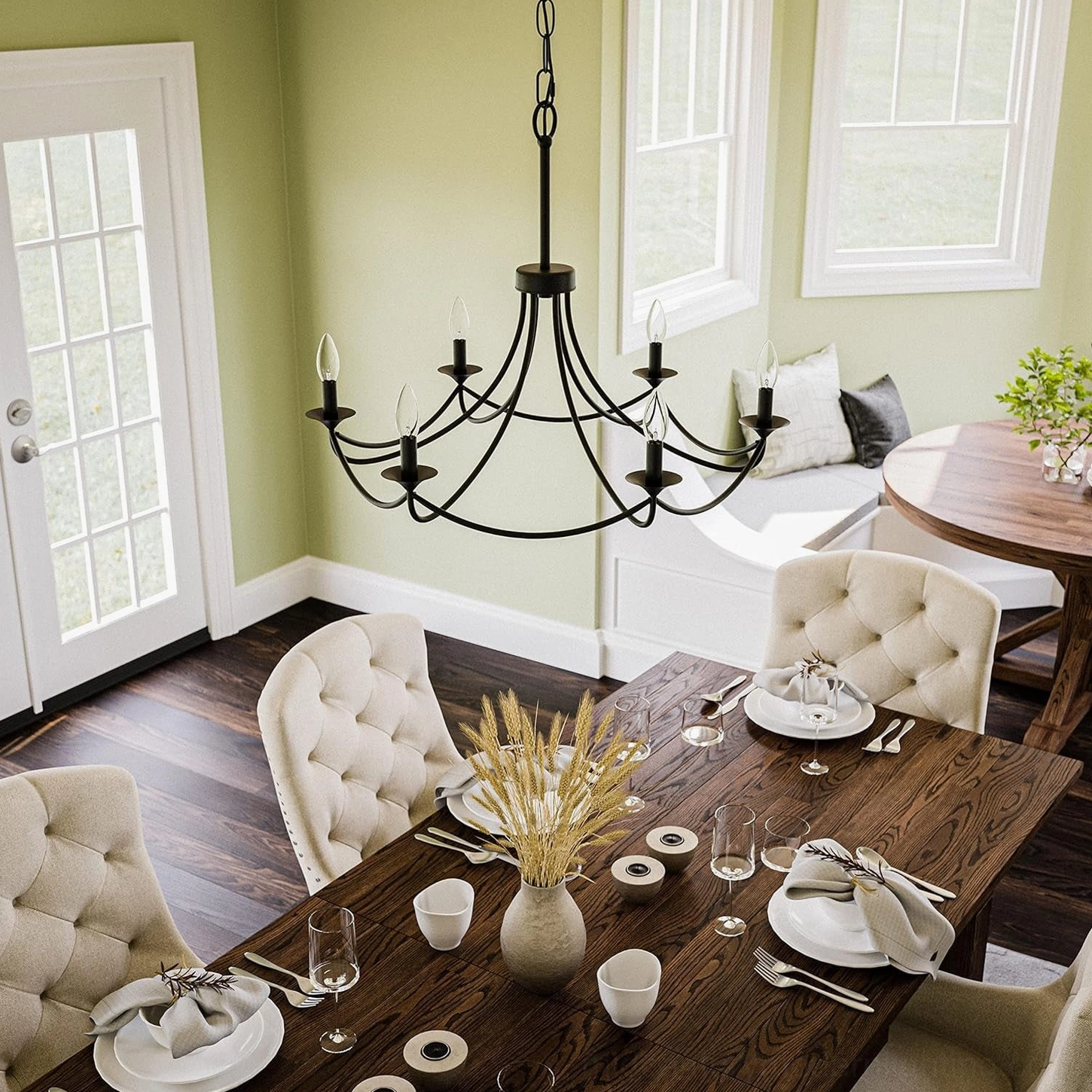 Six-light Ottuso chandelier above dark wood dining table in formal dining space with classic rustic design