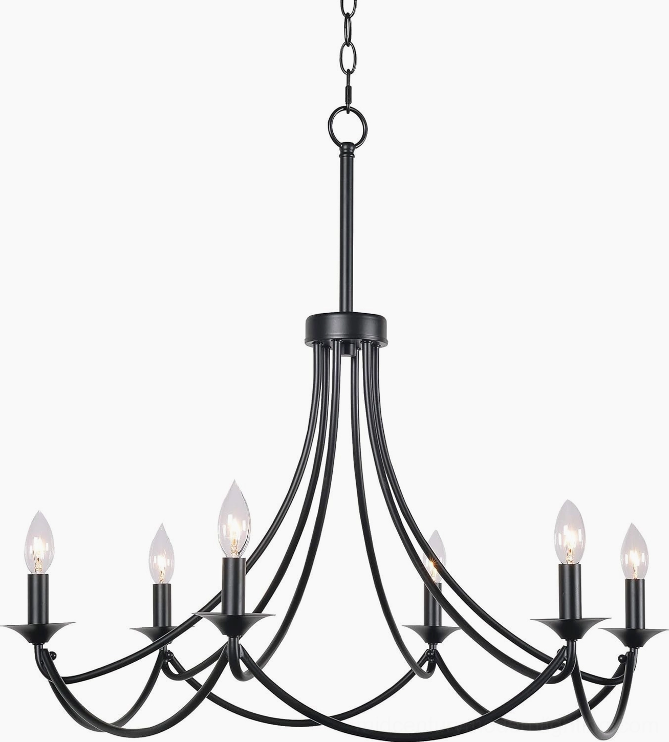 Ottuso mid-century modern black chandelier with six E12 candelabra sockets and sculptural brass frame
