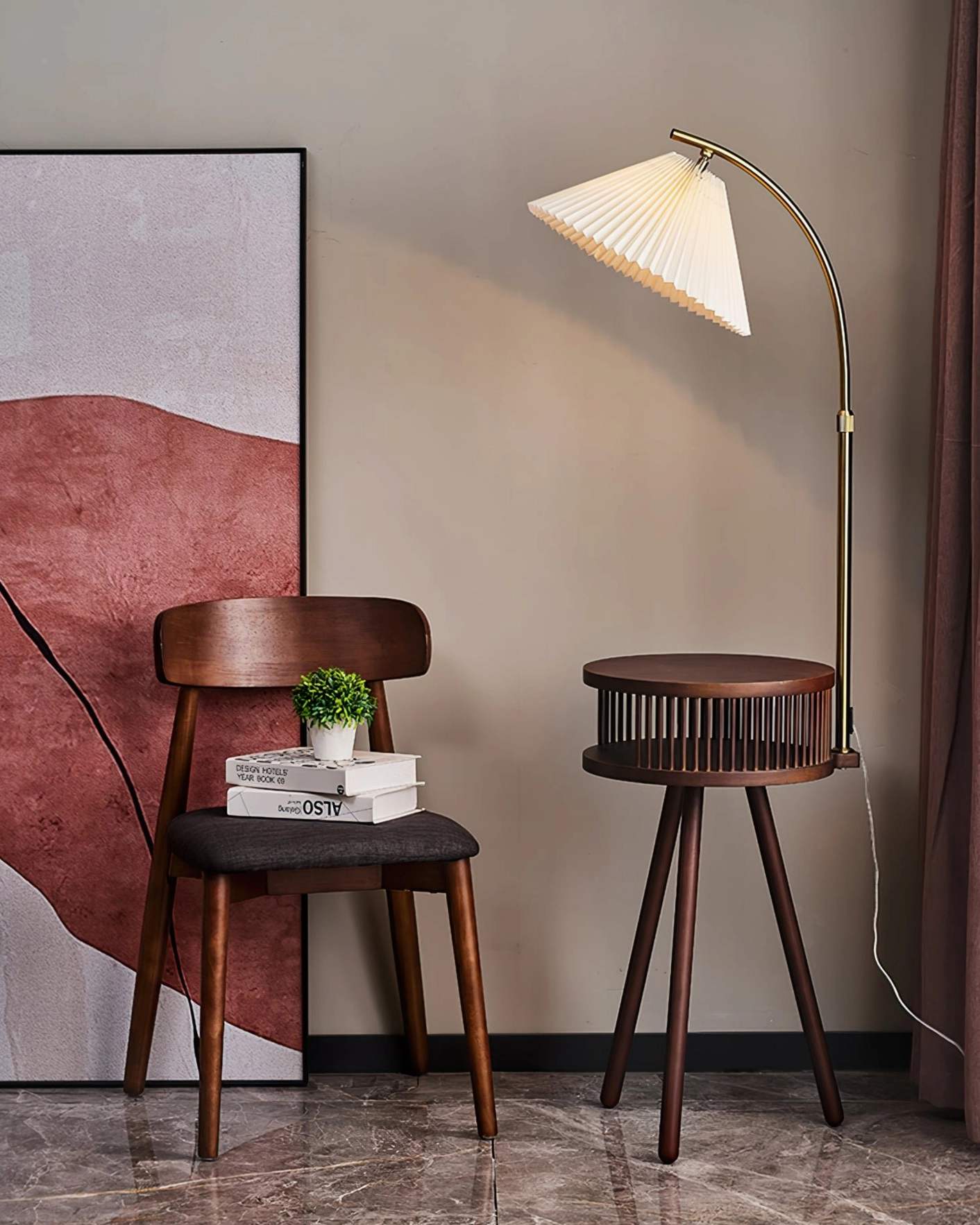 Ozawa floor lamp with warm fabric shade in bedroom ambient lighting with minimal decor aesthetic
