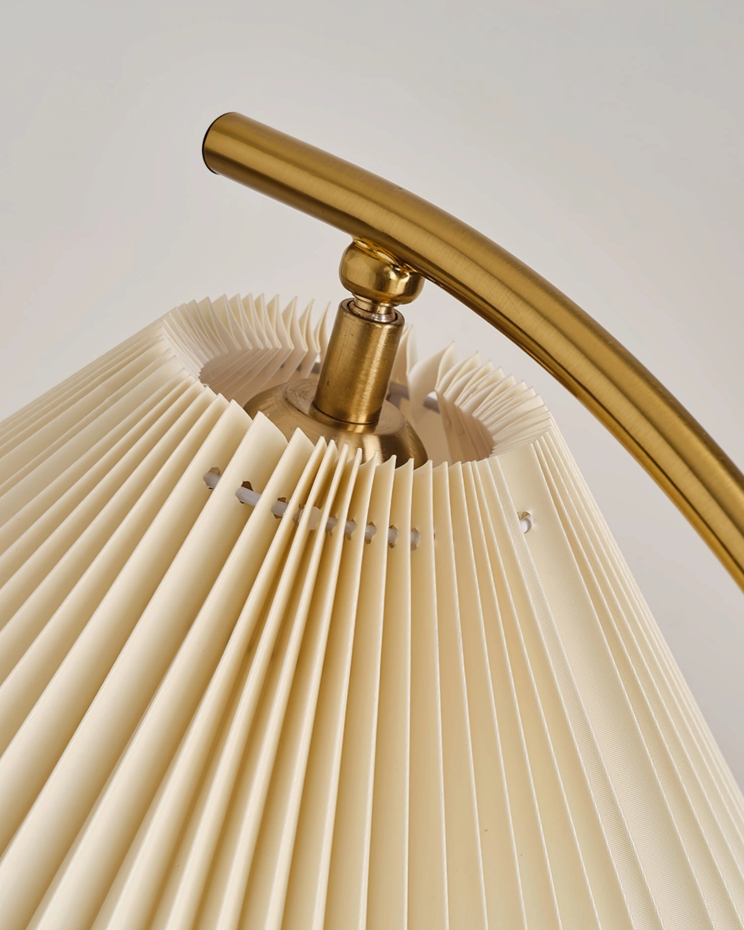 Detail view of Ozawa mid-century floor lamp wooden frame and metal construction with fabric lampshade