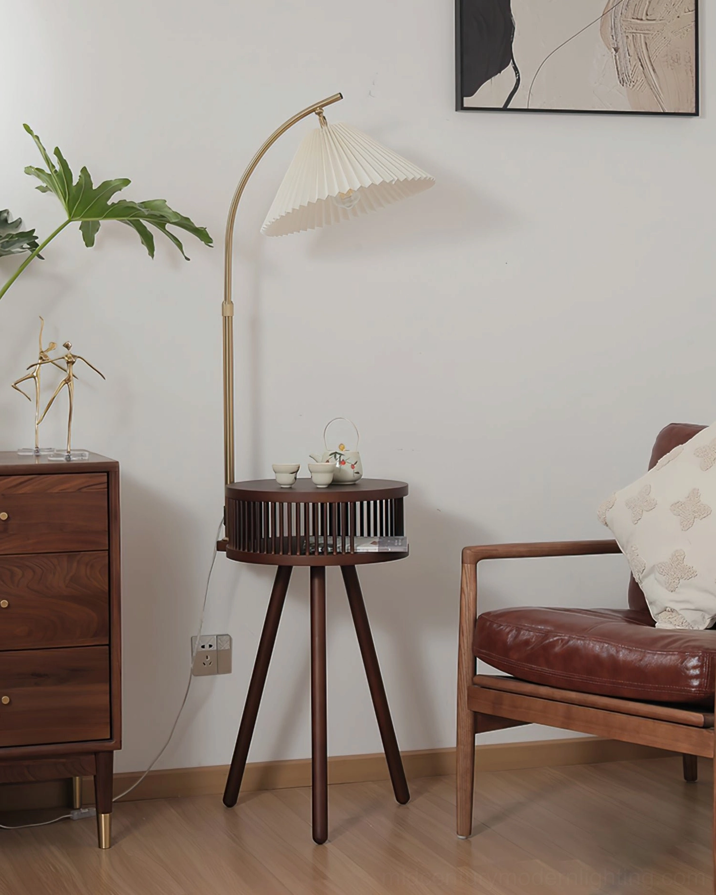 Ozawa floor lamp dark walnut finish in modern living room corner with leather furniture and dresser