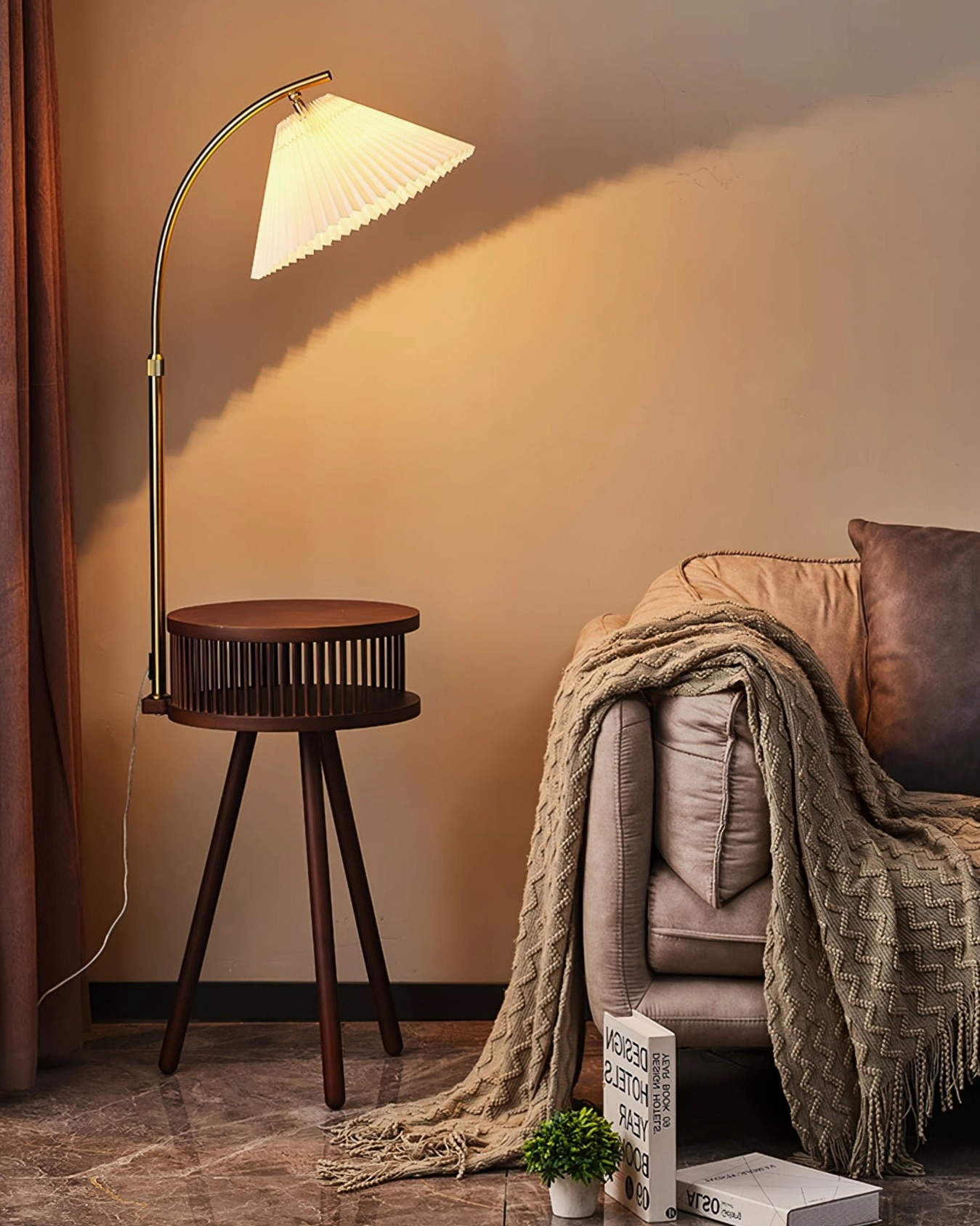 Ozawa mid-century floor lamp beside sofa in modern living room with throw blanket and contemporary decor