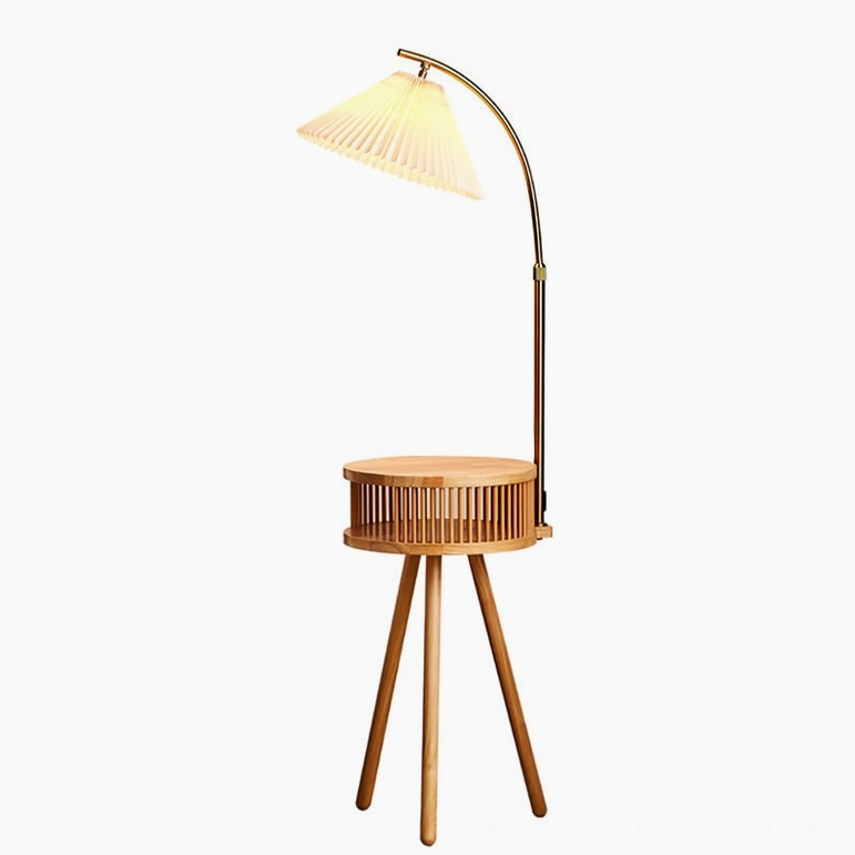 Ozawa floor lamp natural wood finish with cream fabric shade showing mid-century proportions