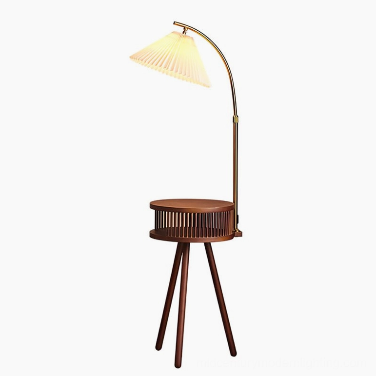 Ozawa mid-century modern floor lamp walnut color option with pleated fabric shade angled view