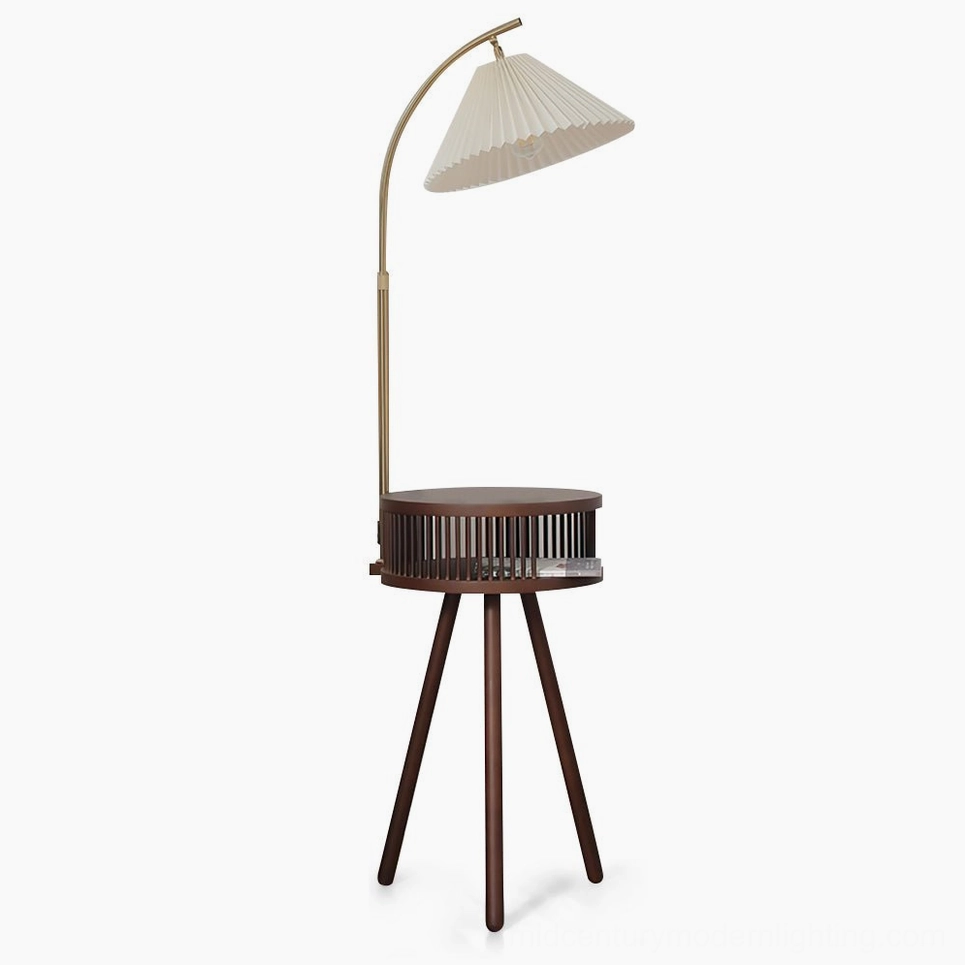 Ozawa mid-century floor lamp with walnut wood frame and pleated off-white fabric shade, front view