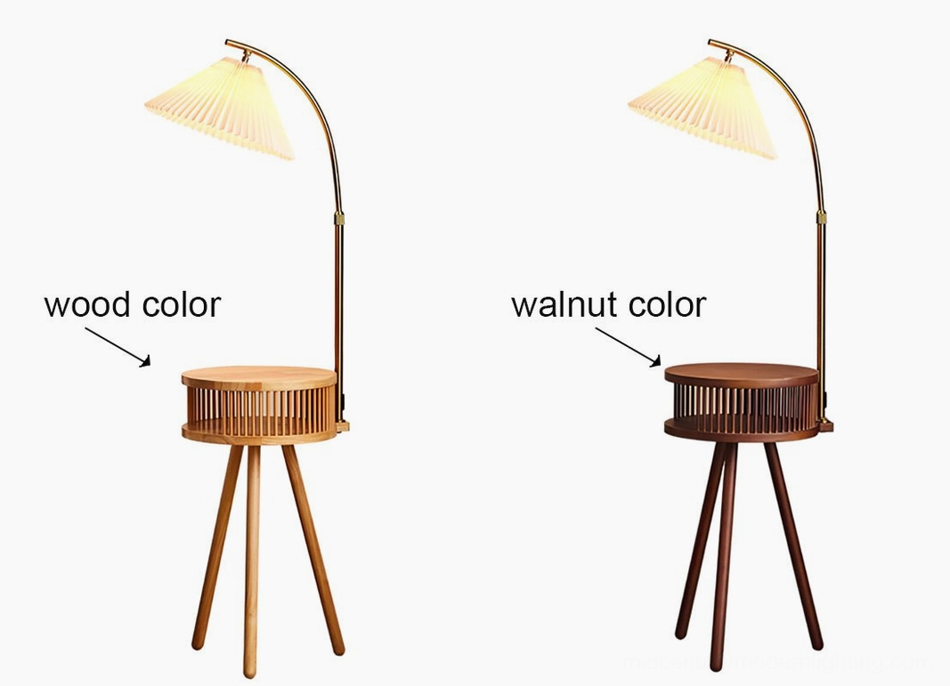 Ozawa mid-century floor lamp full product view with wooden base fabric shade and brass accents