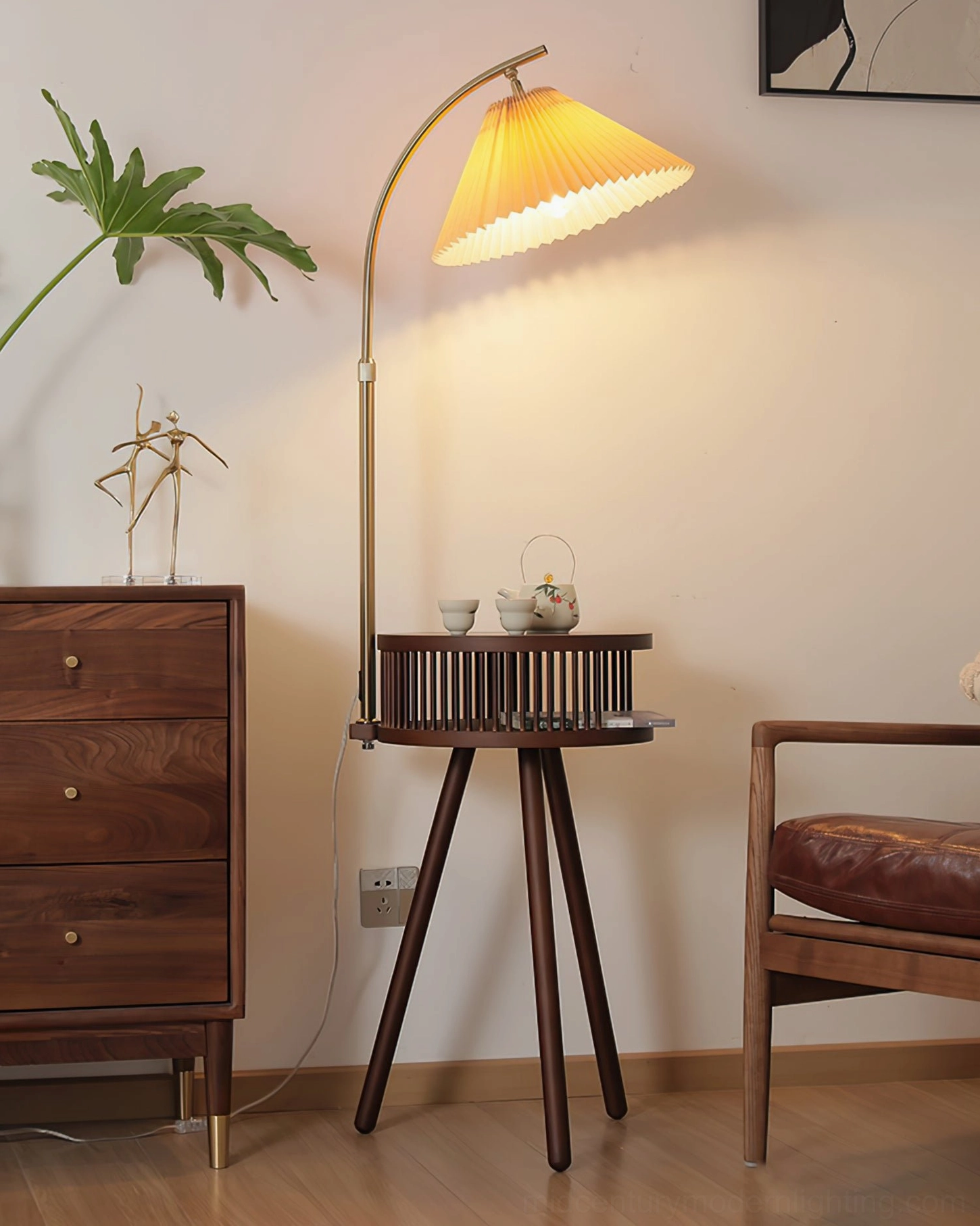 Ozawa mid-century modern floor lamp with illuminated fabric shade casting warm ambient light in minimalist corner