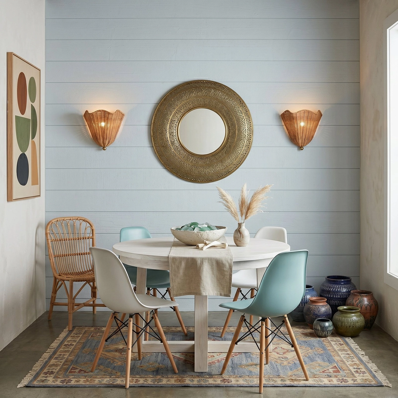 Pair of Sarasota rattan sconces in coastal dining room with round table and warm lighting
