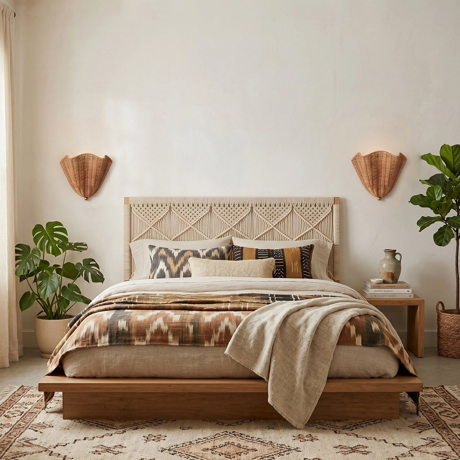 Pair of Sarasota rattan wall sconces flanking bed in master bedroom with wooden headboard