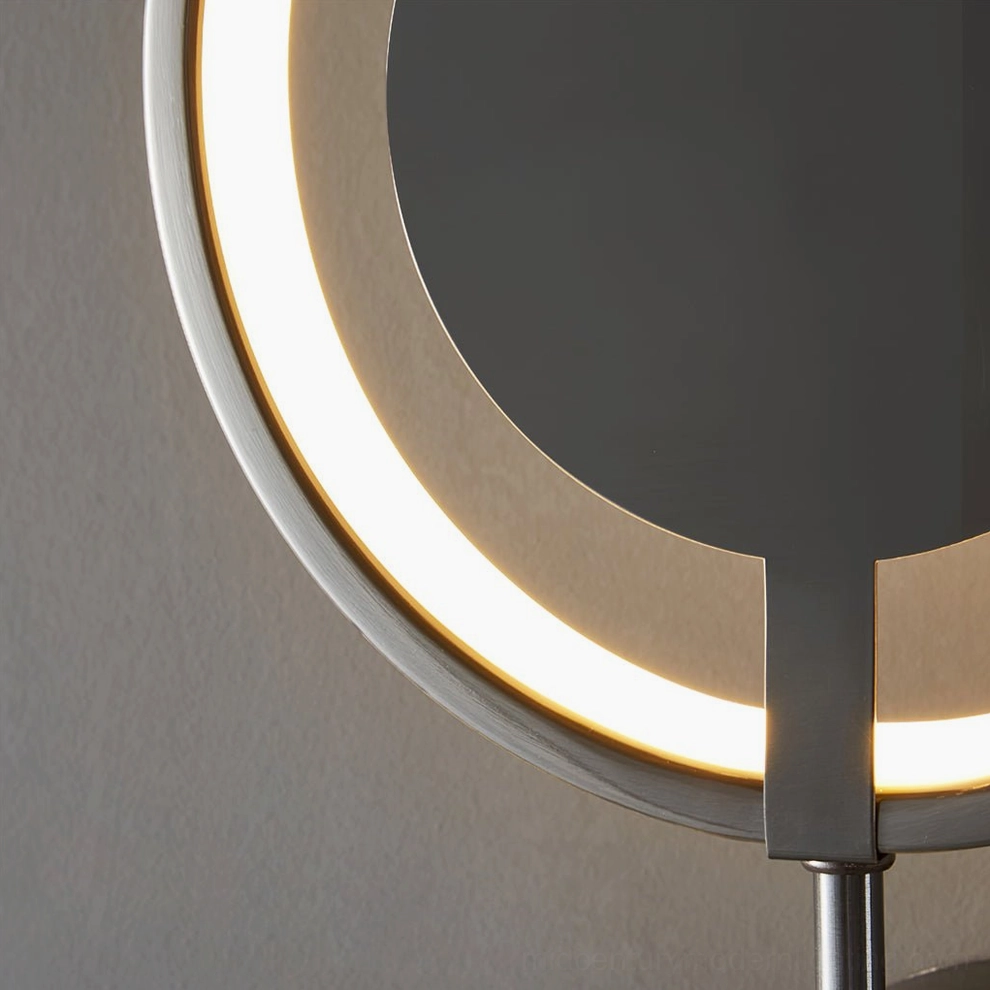 Pair of LED ring wall lamps in modern bedroom providing symmetrical ambient wall lighting