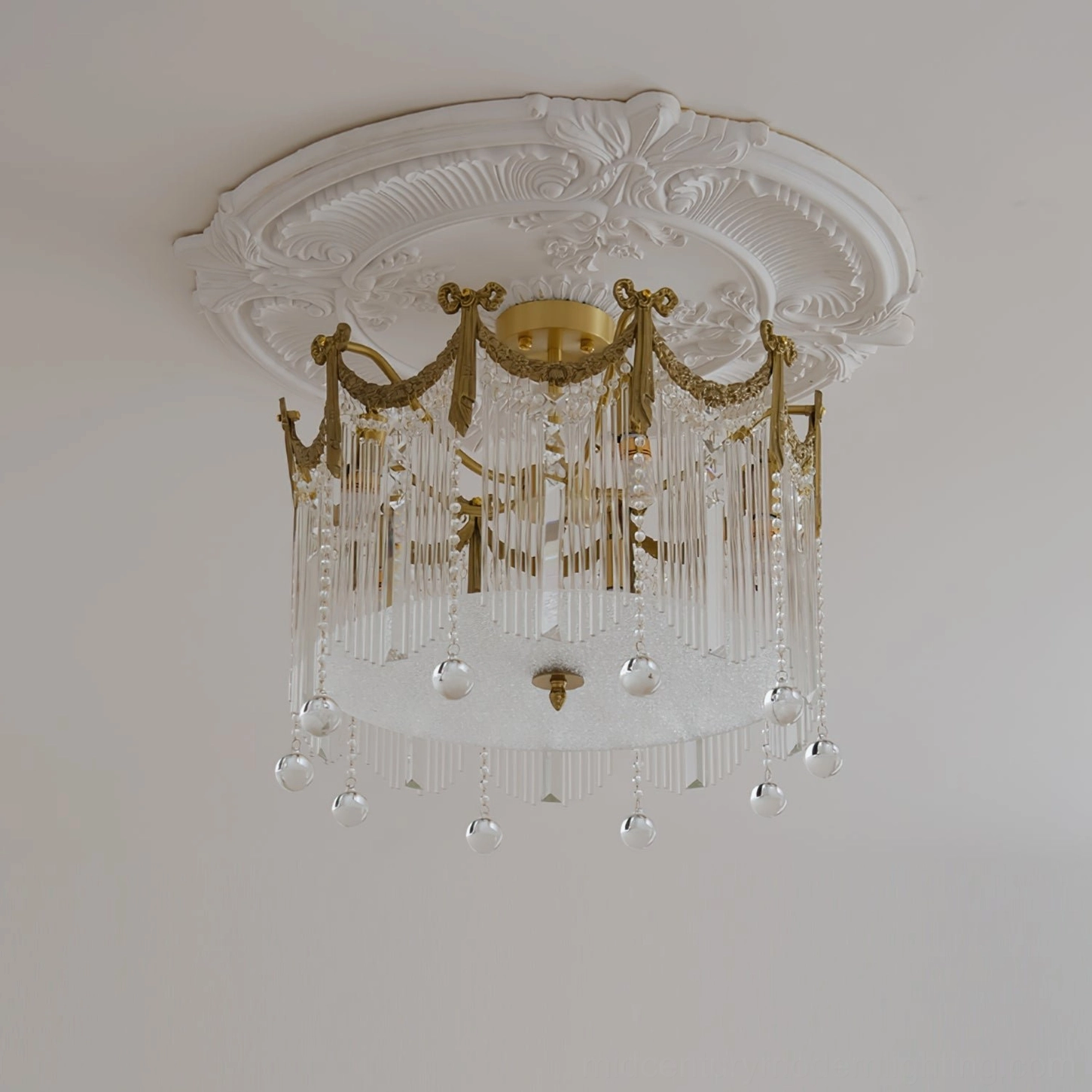 Crystal water drop ceiling lamp showing light refraction through frosted and transparent glass elements