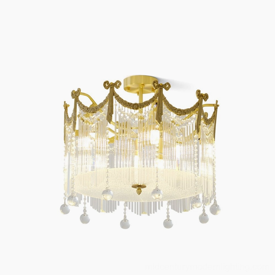 Palace crystal water drop ceiling lamp with brass frame and cascading crystal elements in studio lighting