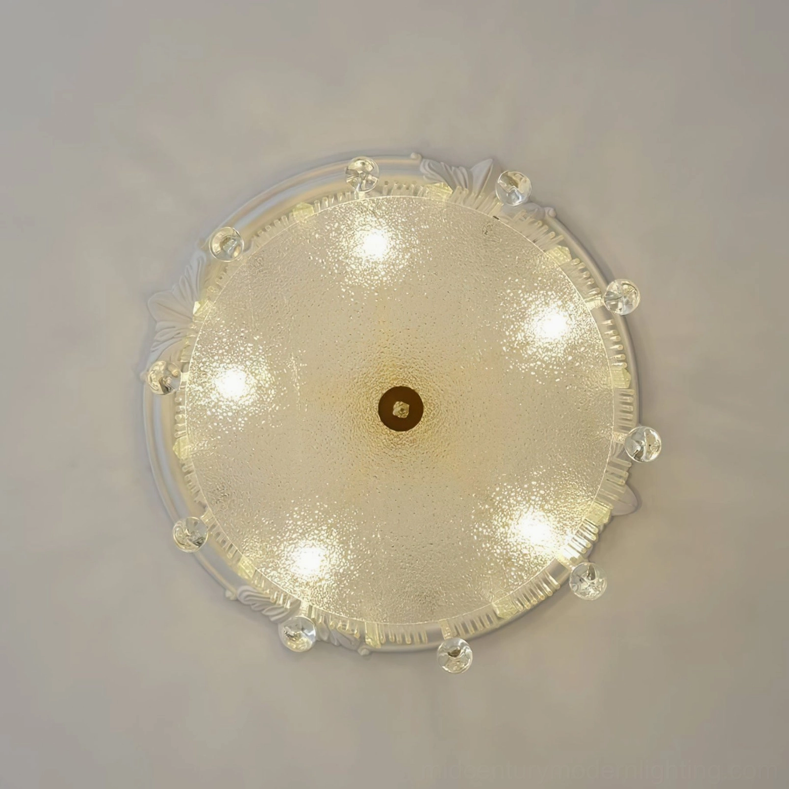 Palace crystal water drop ceiling lamp close-up showing frosted glass shade and gold trim details