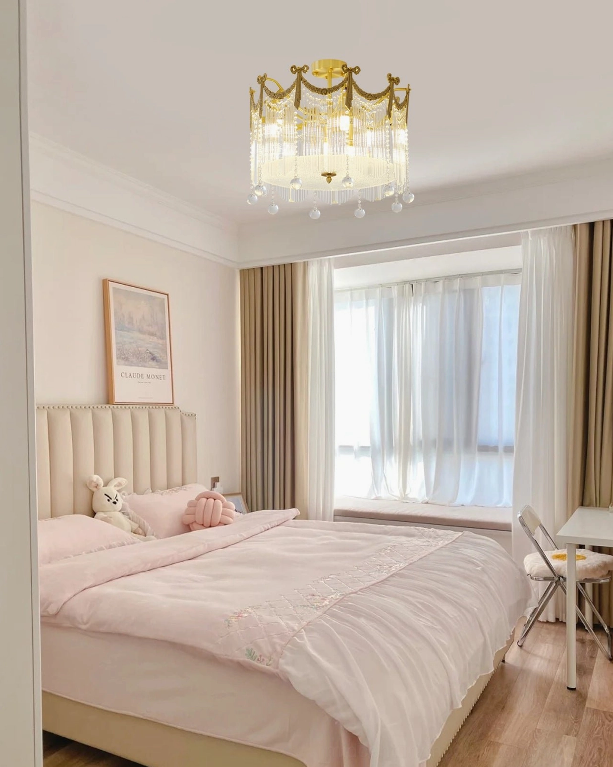 Palace crystal ceiling lamp in modern pink-themed bedroom with tufted window curtains