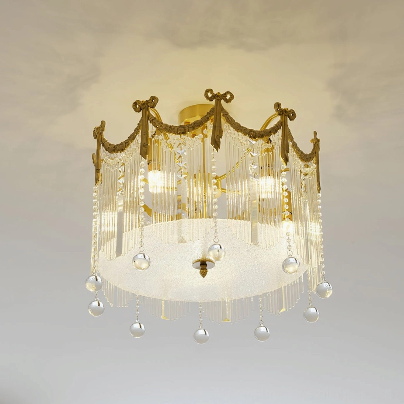Palace style ceiling lamp with cascading crystal tassels and gold metal frame luxury lighting