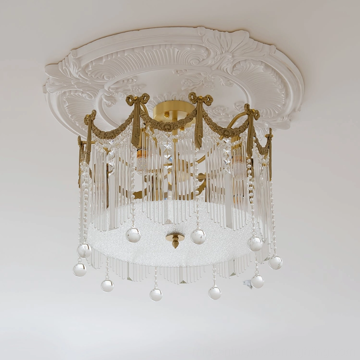 Palace water drop ceiling lamp brass crystal chandelier front view with detailed craftsmanship