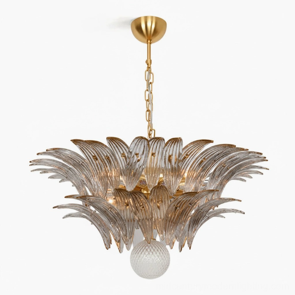 Amber brass Palazzo Ball Chandelier front view with gold metal fixture and amber-toned glass petals studio lighting