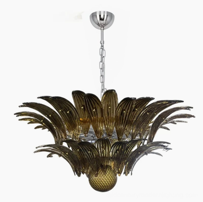 Palazzo Ball Chandelier in Amber and Chrome finish showing contemporary metal contrast with warm glass tones