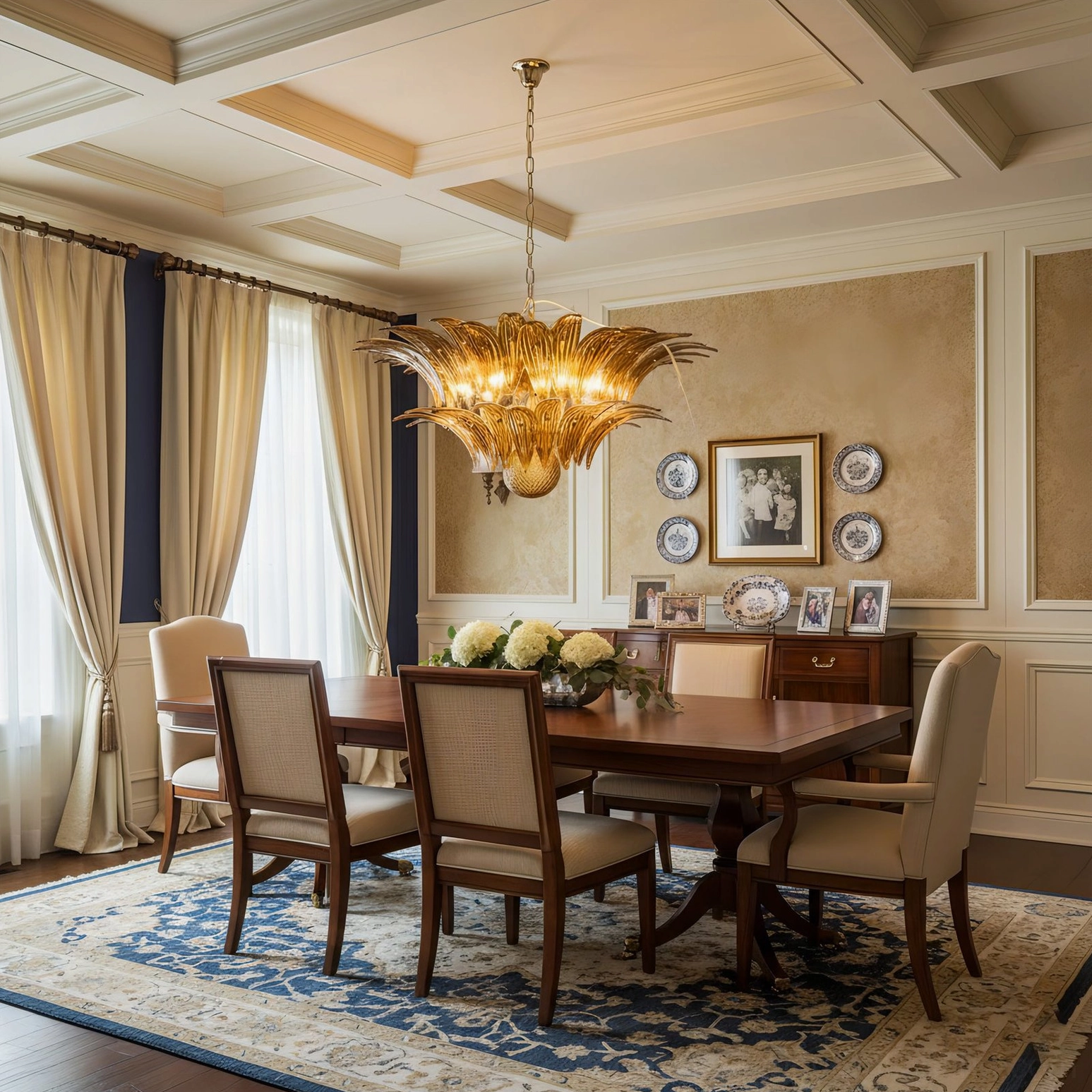 Brass gold Palazzo Ball Chandelier in luxury formal dining room with neoclassical decor and amber glass illumination