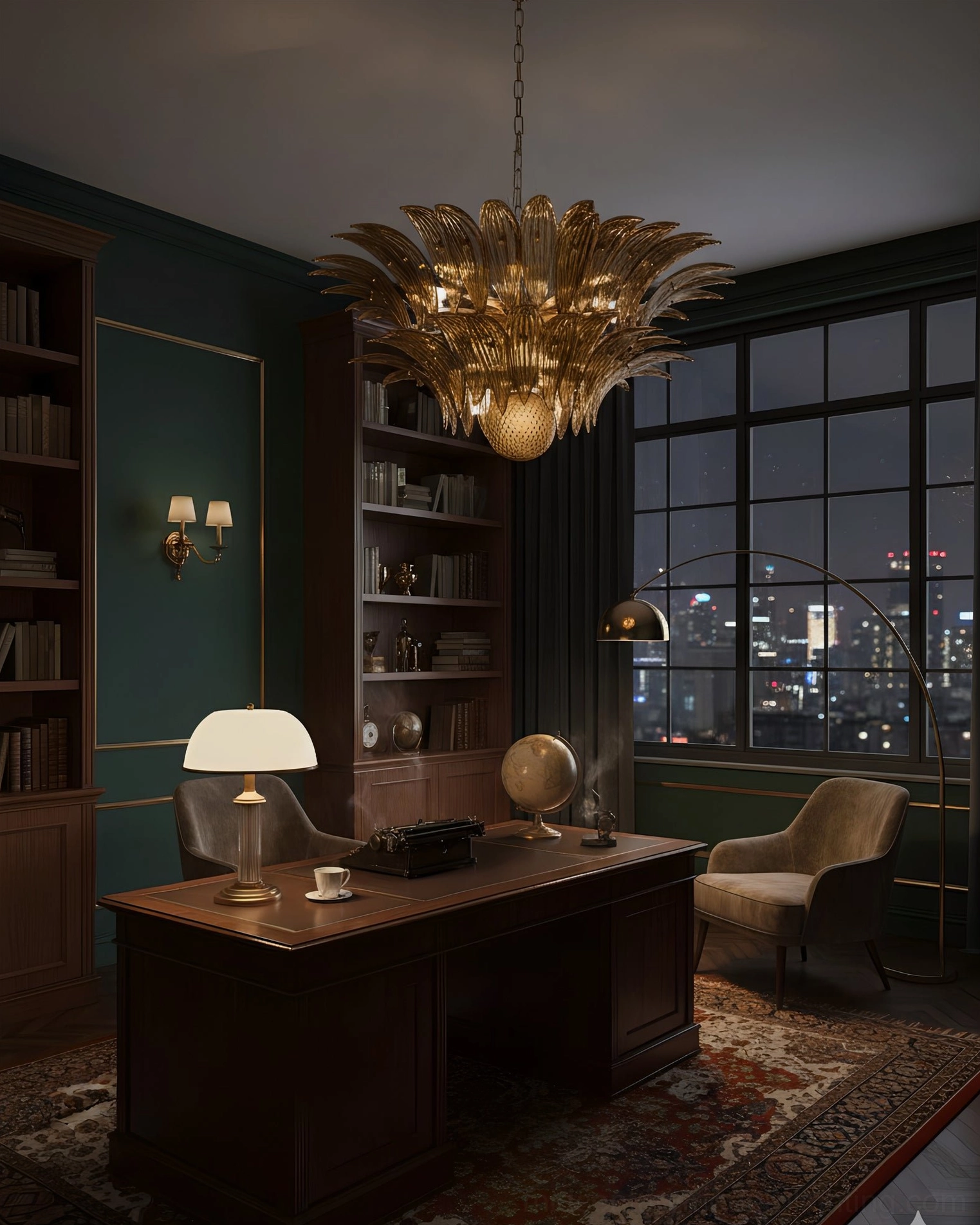 Brass gold Palazzo Ball Chandelier with warm amber glass illumination in home office overlooking city night skyline