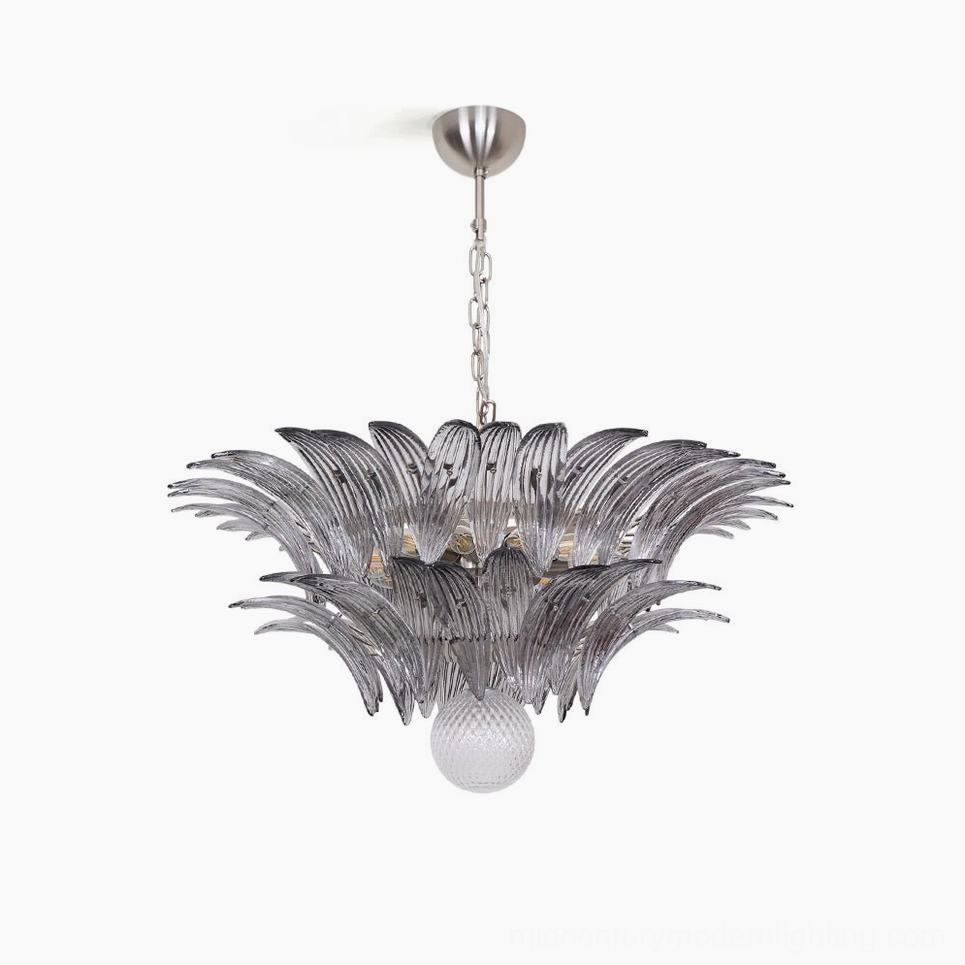 Palazzo Ball Chandelier with smoked glass leaves and silver hardware, overhead studio view showcasing layered glass petal design