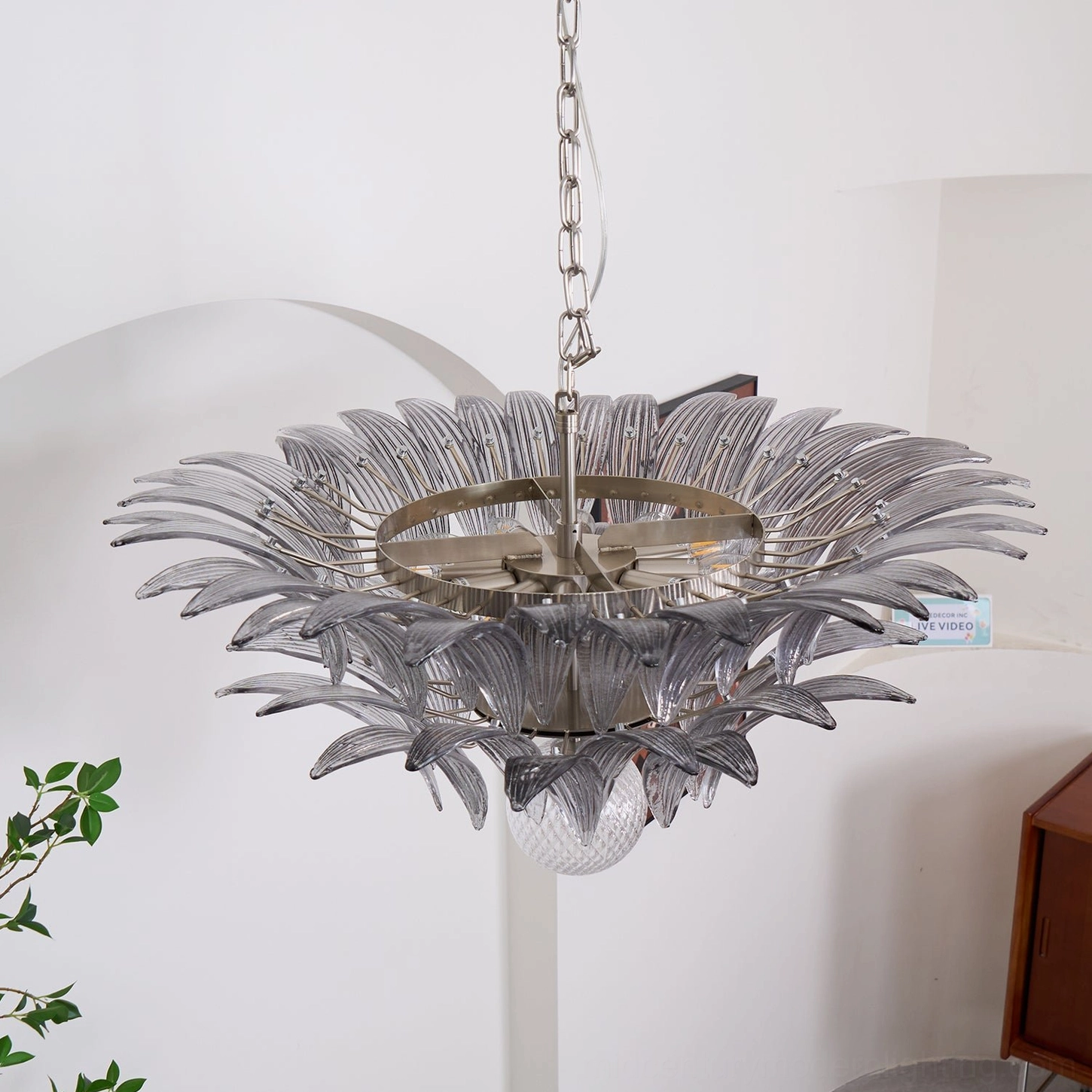 Palazzo Ball Chandelier overhead perspective highlighting glass leaf arrangement and metal frame construction
