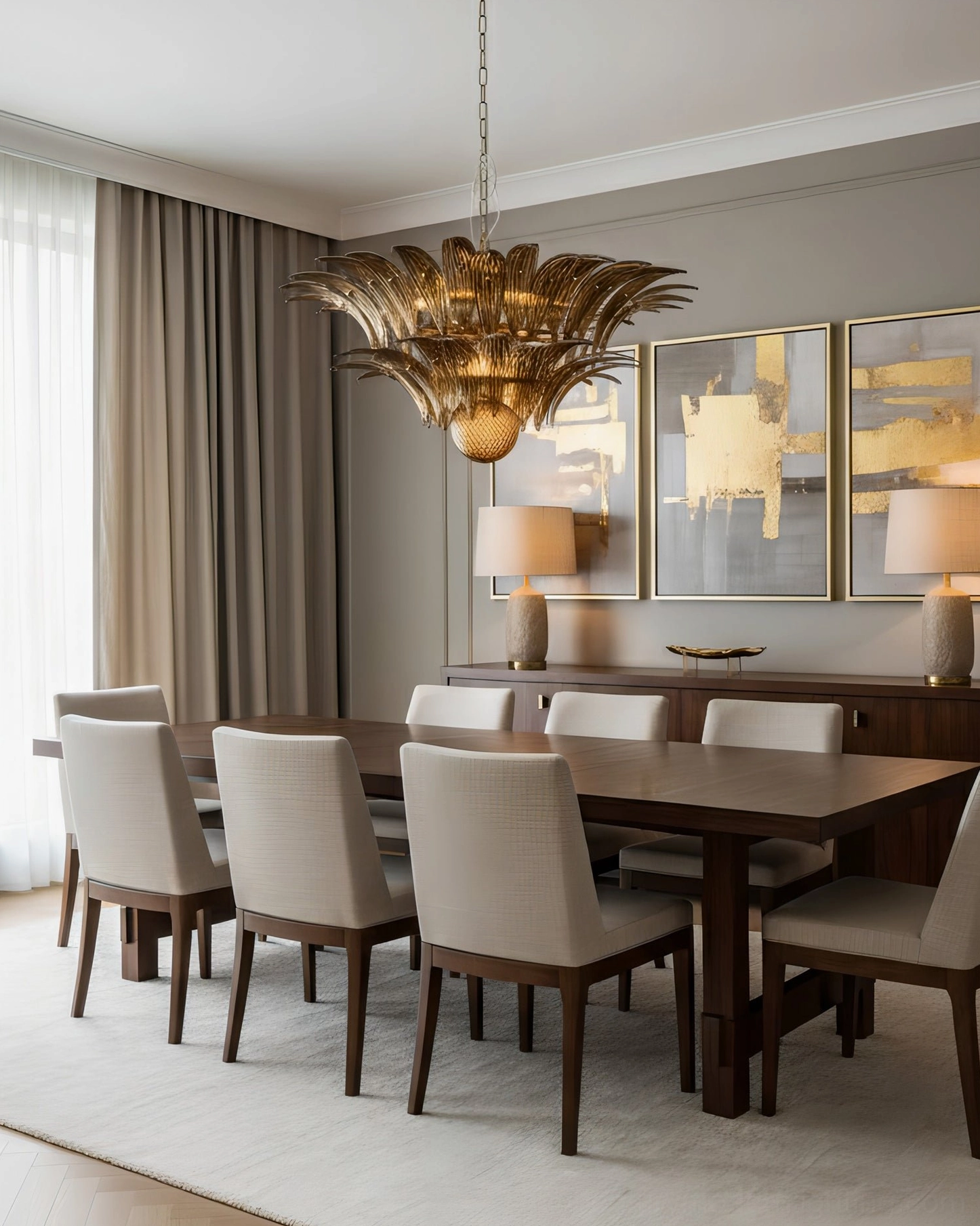 Gold-finished Palazzo Ball Chandelier with layered glass leaf design in elegant dining space with contemporary styling