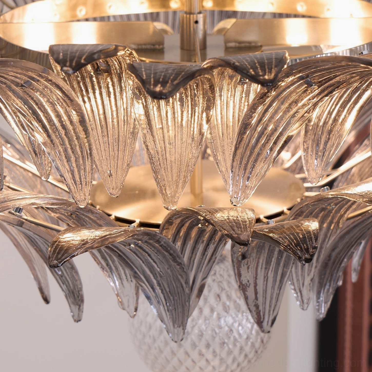 Palazzo Ball Murano glass chandelier showing light transmission through layered glass leaves and petal design