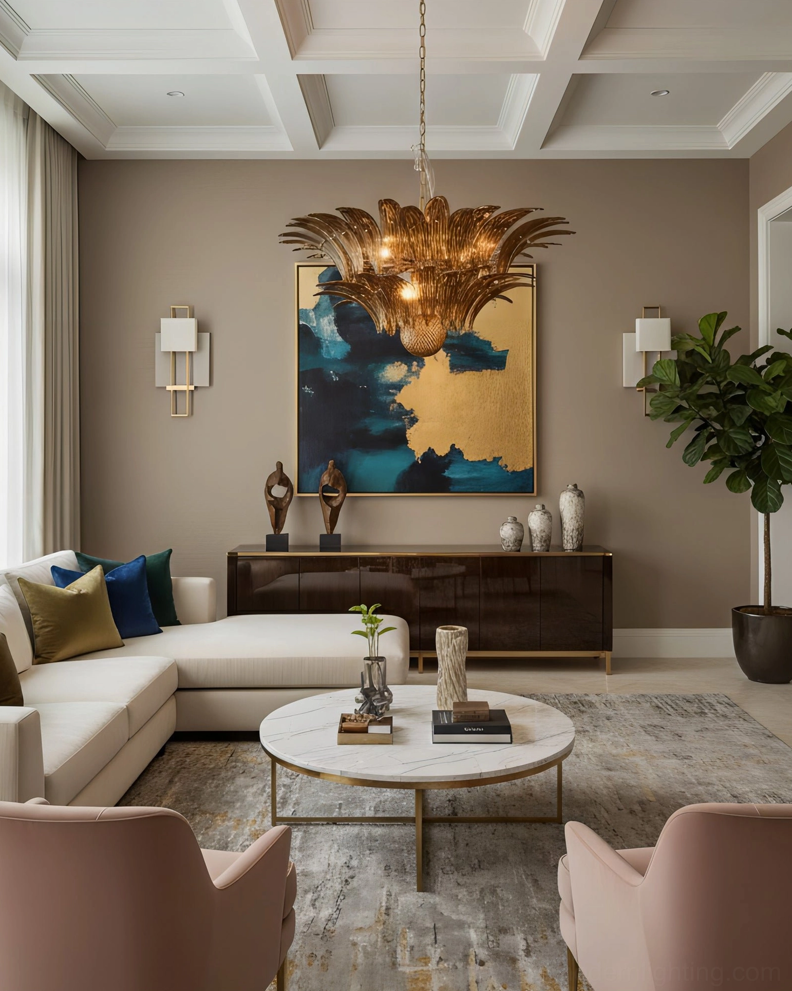 Palazzo Ball Chandelier in modern luxury living room coordinating with contemporary artwork and home decor