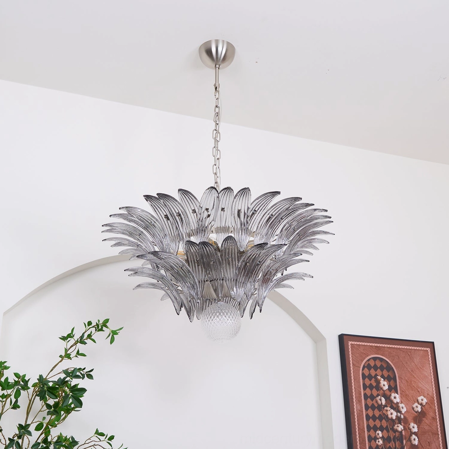 Palazzo Ball Murano glass leaf chandelier showcasing petal design and light diffusion in contemporary home setting