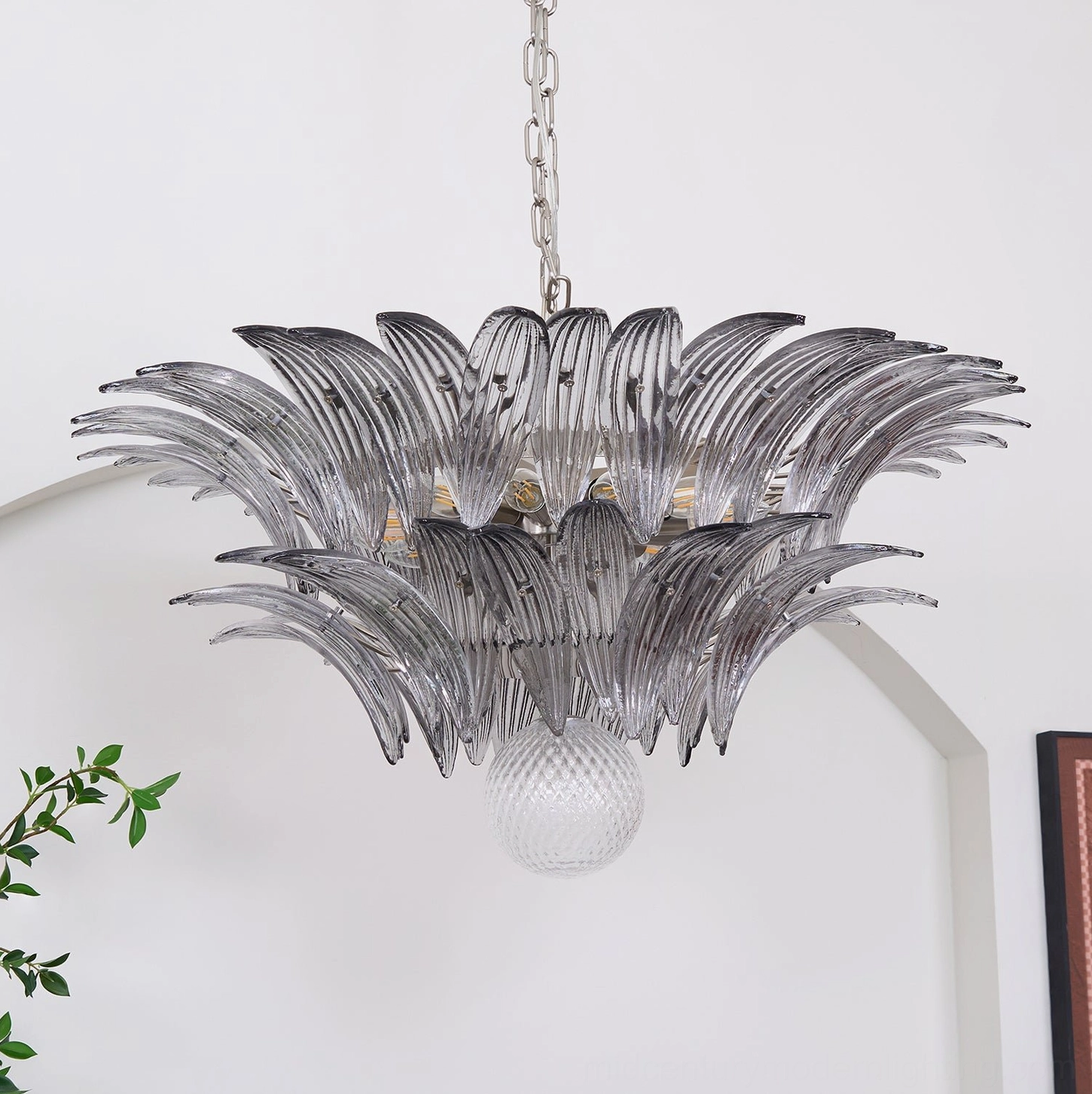 Smoked glass Palazzo Ball Chandelier close-up showing silver hanging chain and layered textured glass design