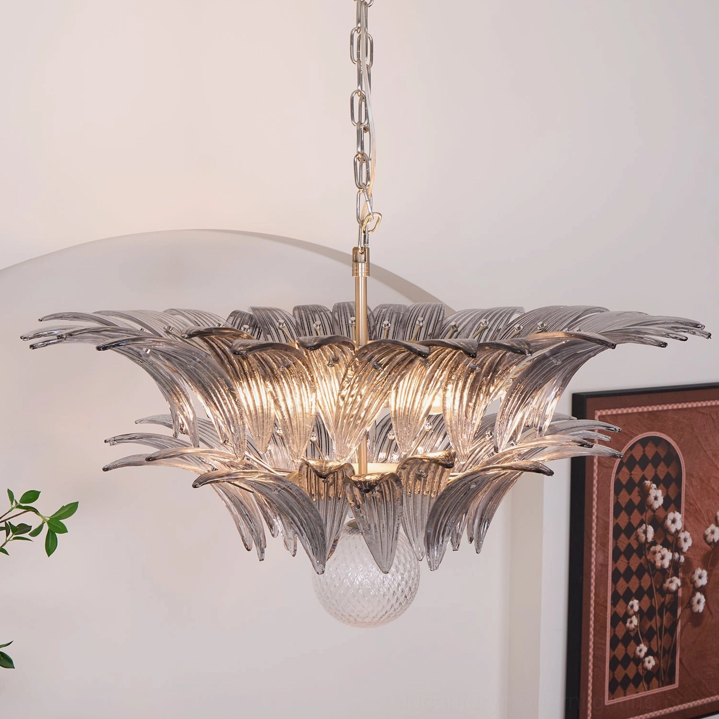 Palazzo Ball Chandelier showing textured glass orb base and leaf arrangement architectural design elements