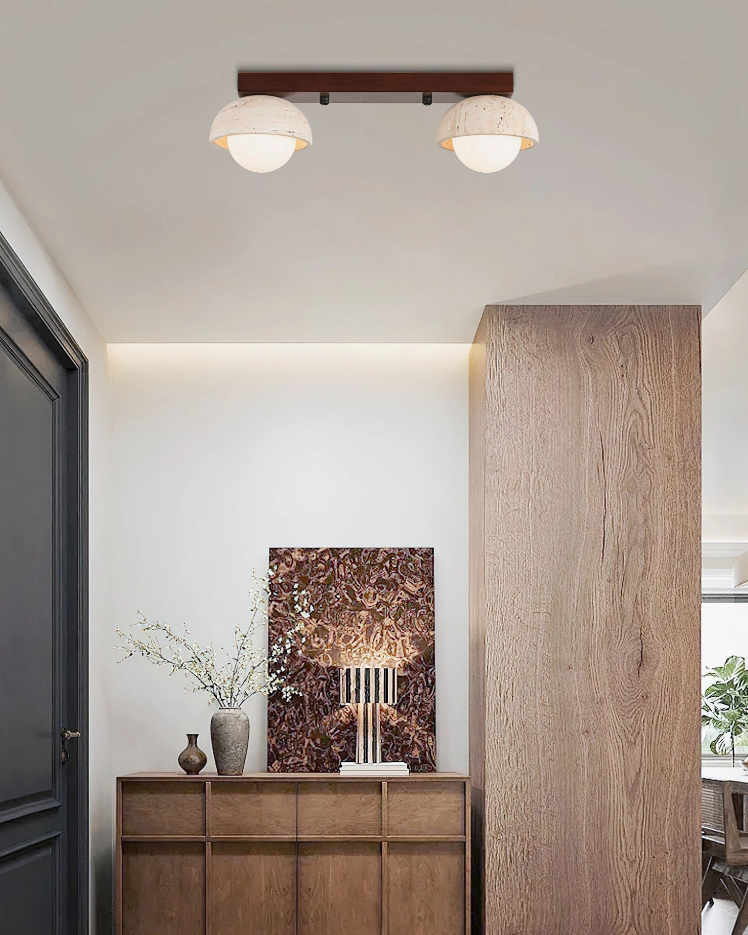 Palermo 2-head ceiling light mounted above modern entryway with wood cabinet and neutral decor