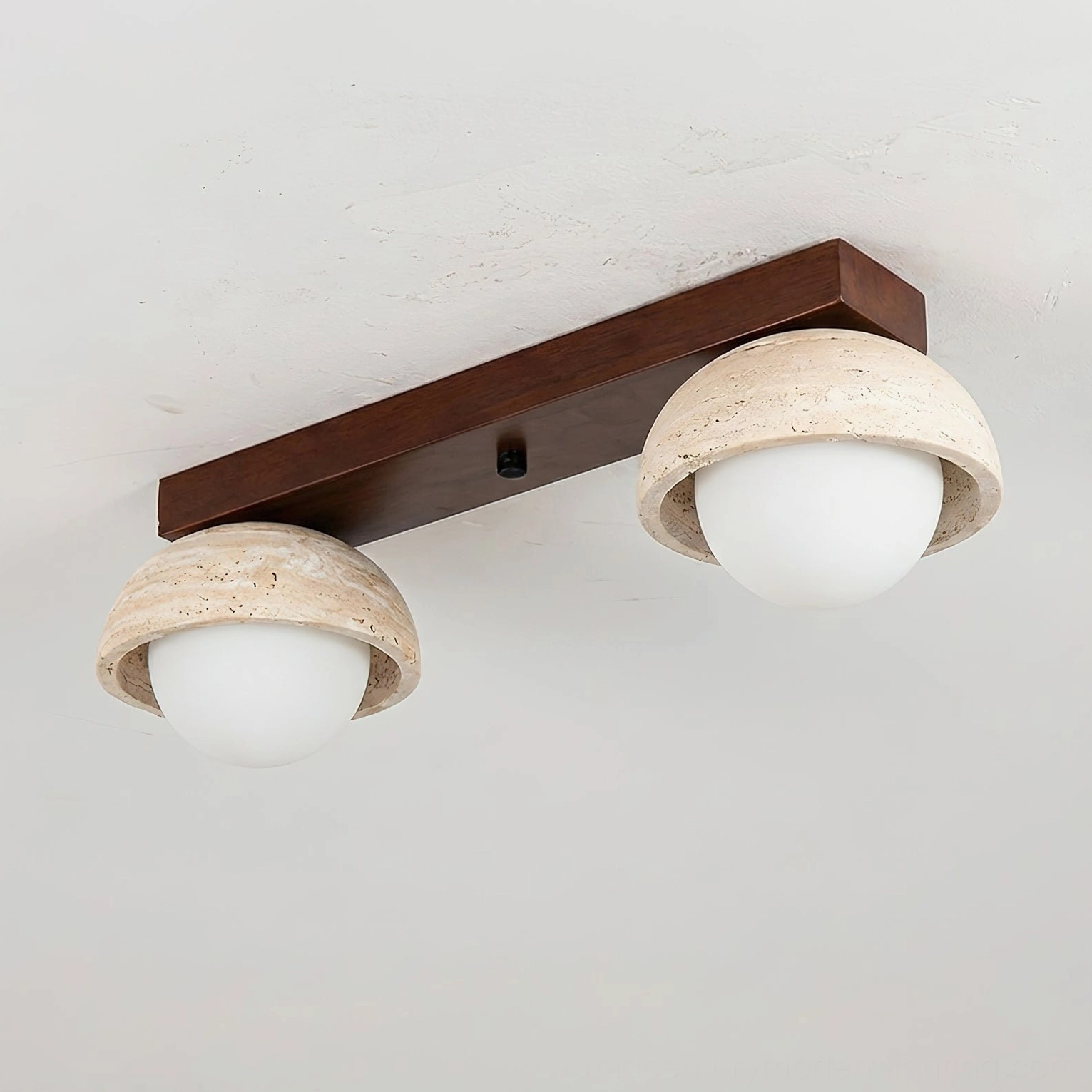 Palermo 2-head slanted linear ceiling light with travertine and wood design, studio shot