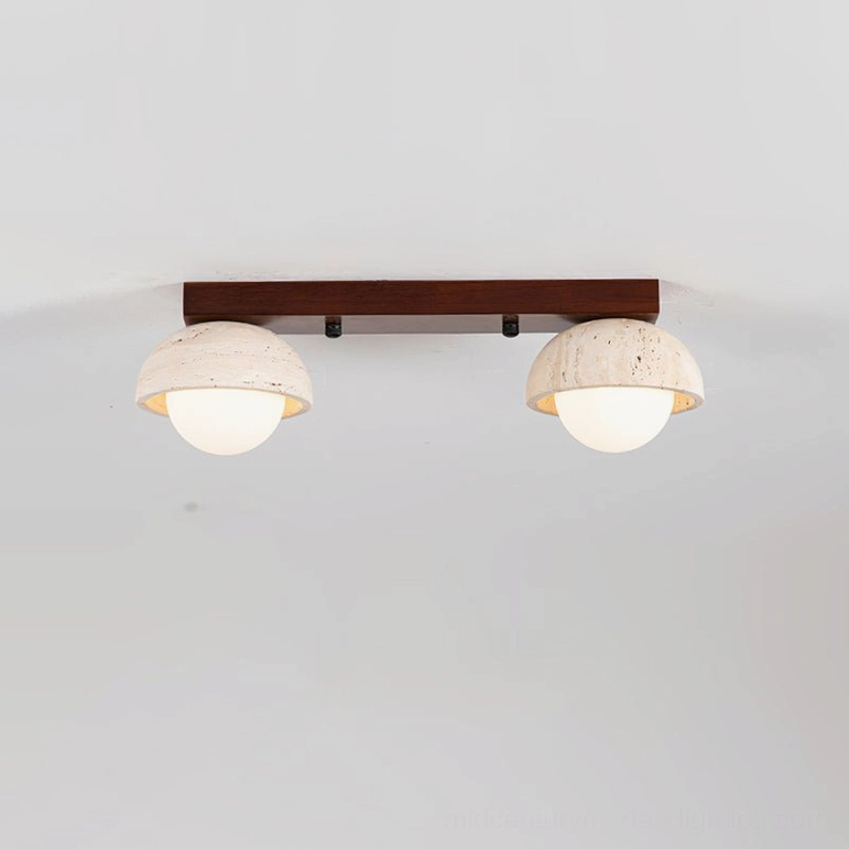 Palermo 2-head travertine ceiling light with wooden beam, modern minimalist design detail