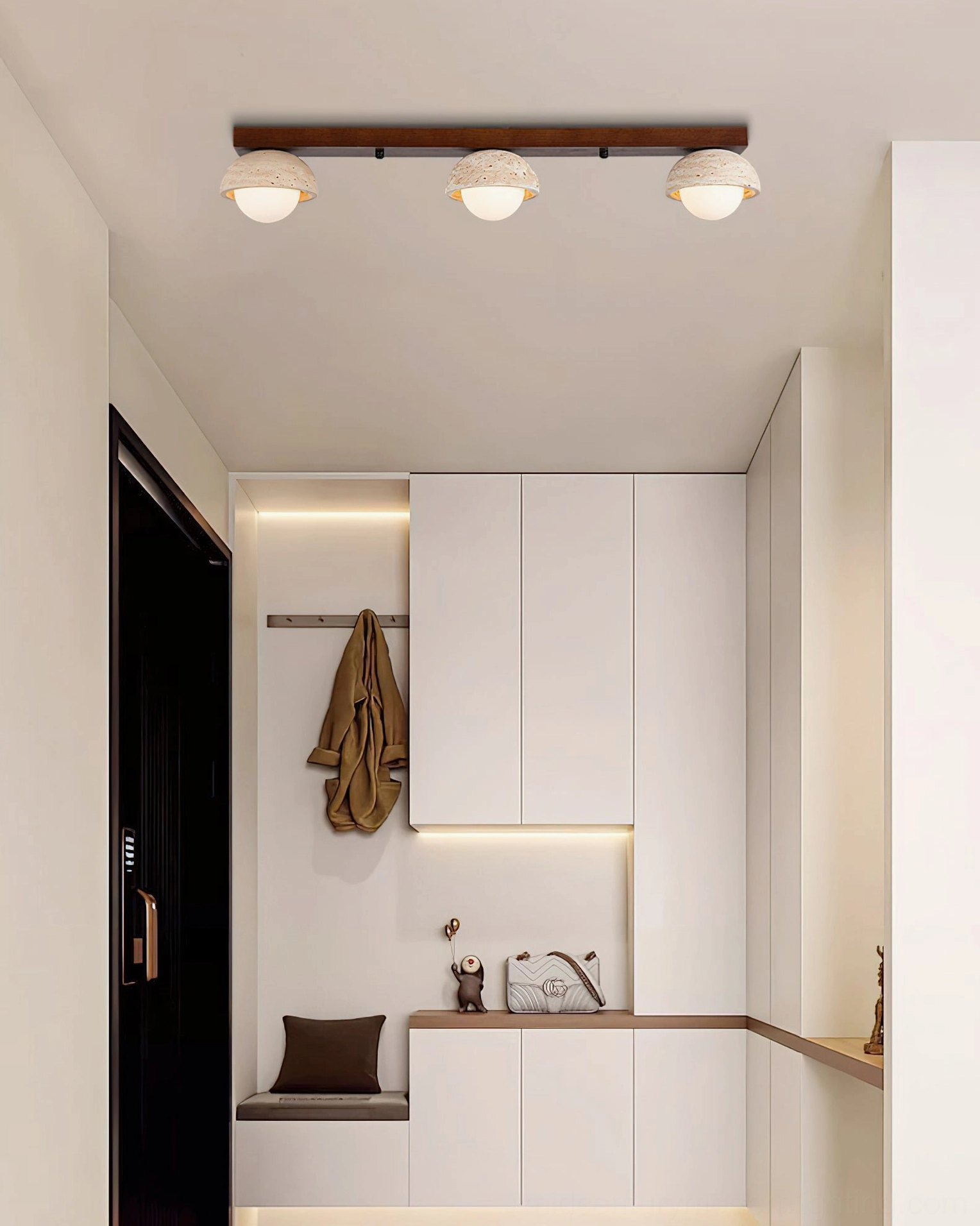 Palermo 3-head pendant light in compact modern entry nook with frosted white glass and dark wood base