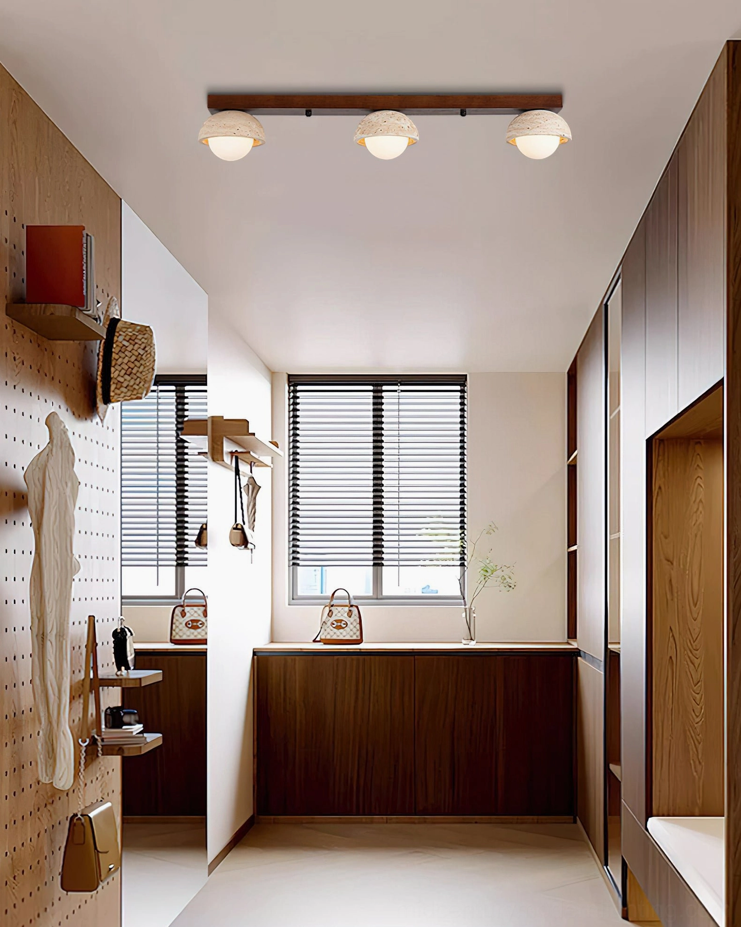 Palermo 3-head linear ceiling light installed in warm minimalist wood-toned entry hallway