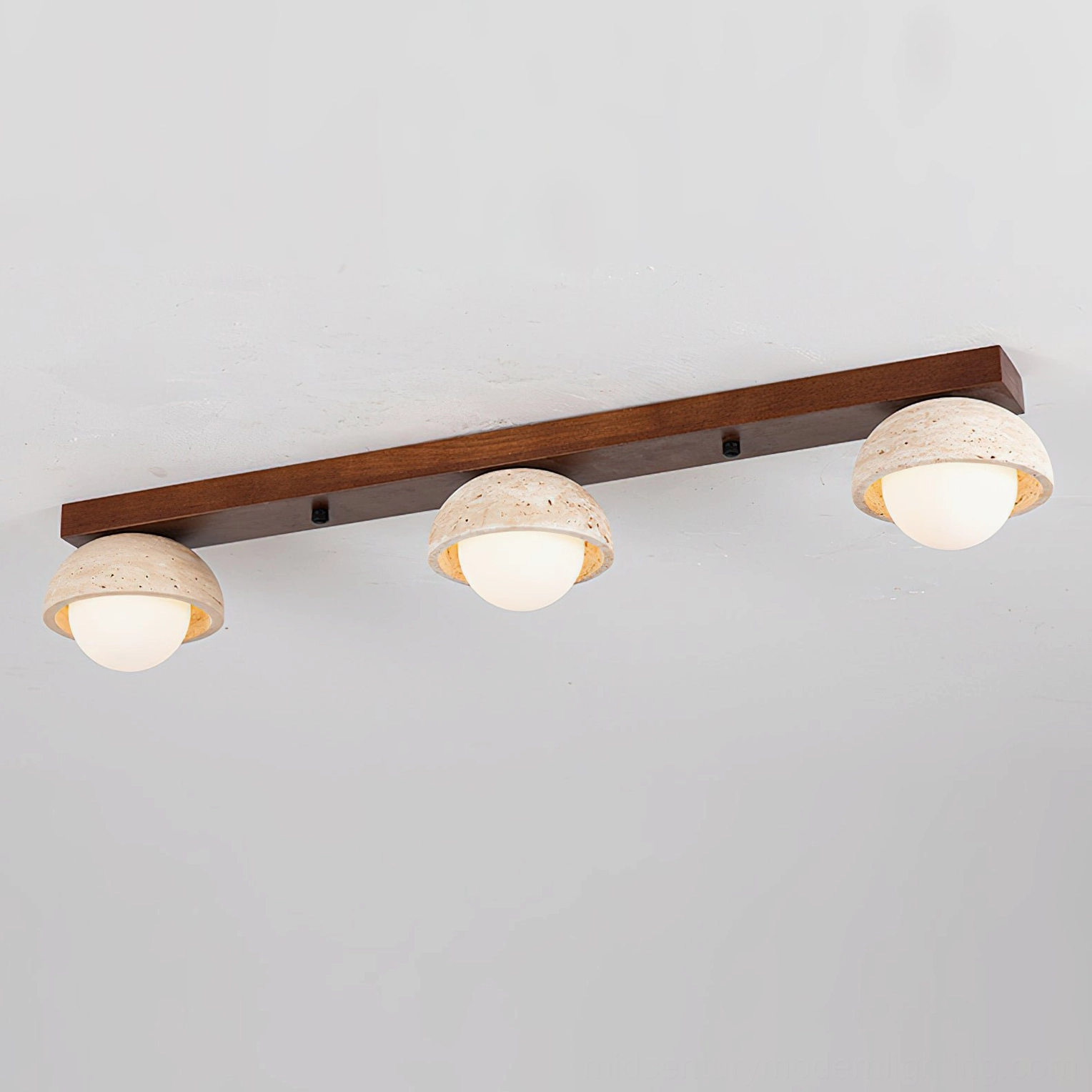 Palermo 3-head linear ceiling fixture with dark wood rail, travertine caps and glass covers, product detail