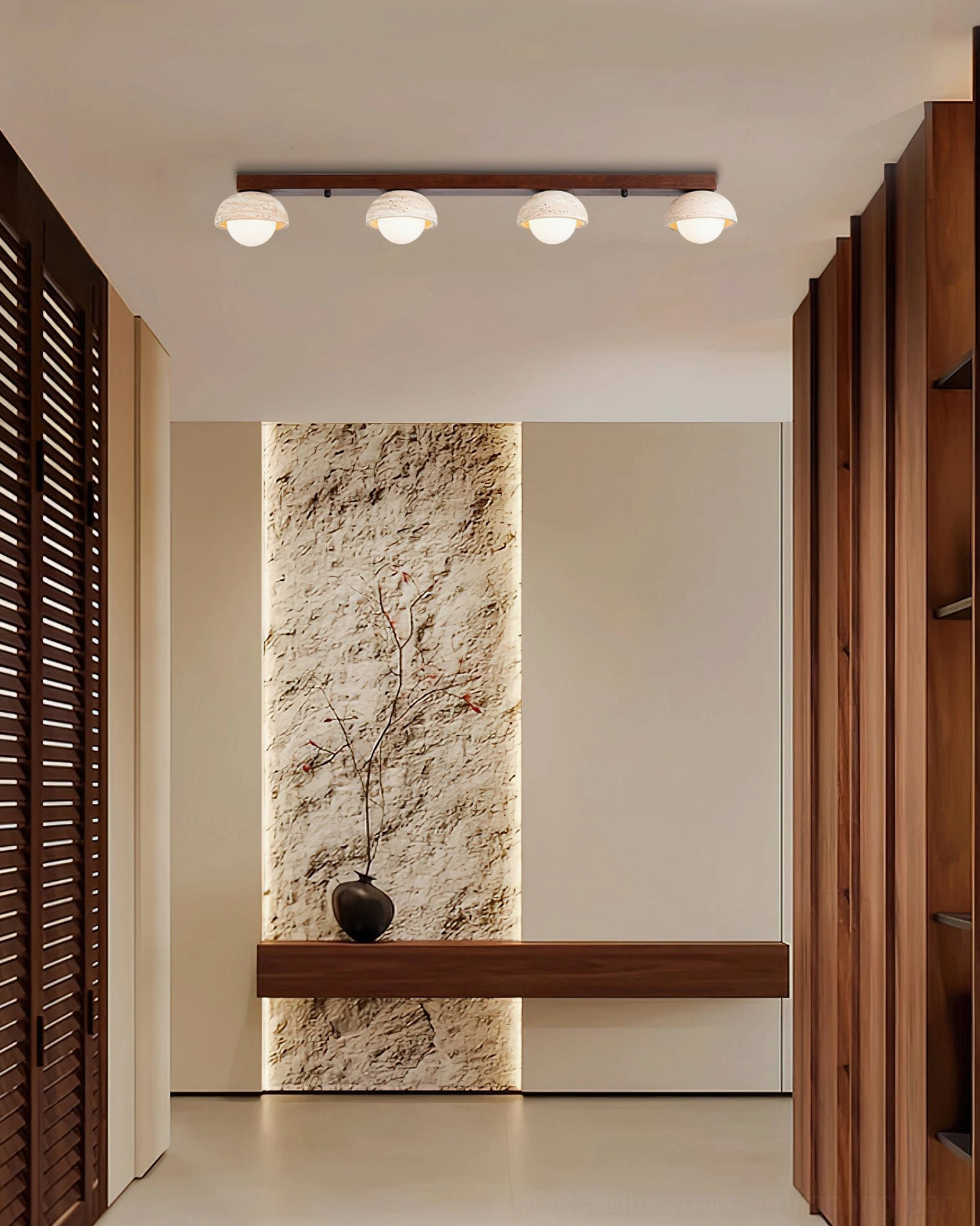 Palermo 4-head ceiling fixture in minimalist hallway with dark wood beam and frosted glass shades