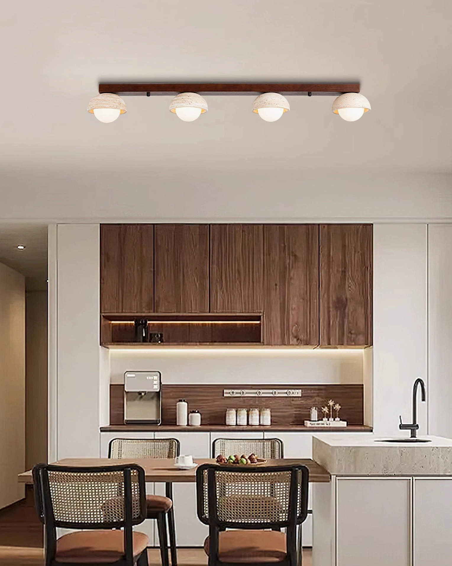 Palermo 4-head linear ceiling light illuminating open-plan kitchen and dining space